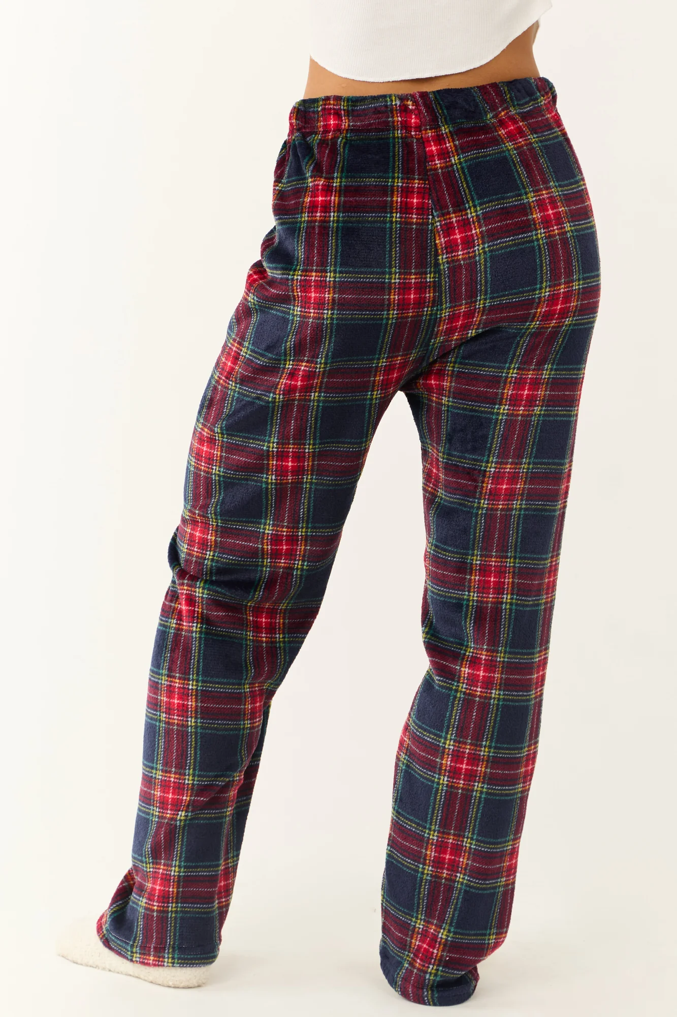 Plaid Fleece Elastic Waist Pajama Pants in Ruby and Navy