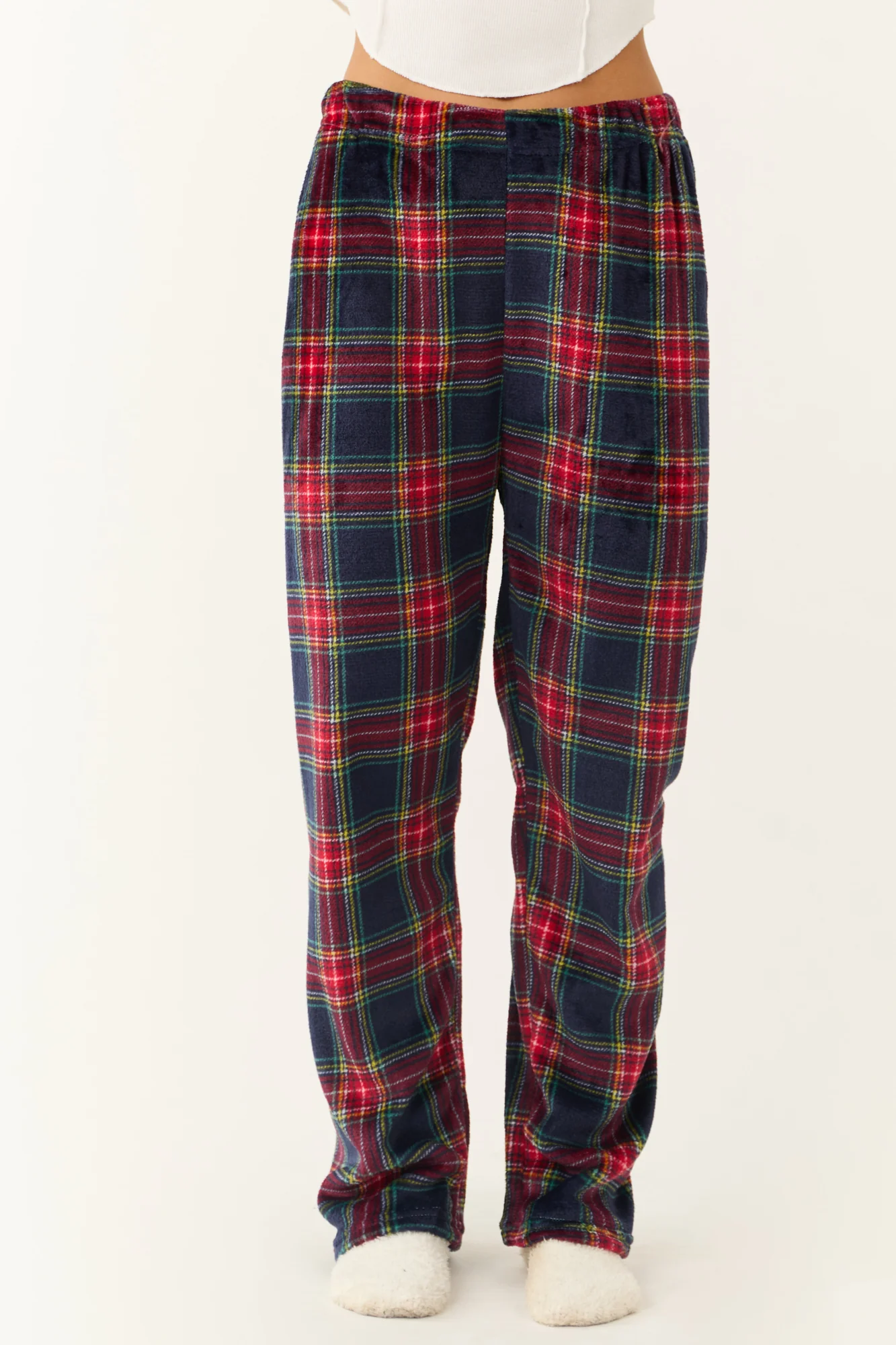 Plaid Fleece Elastic Waist Pajama Pants in Ruby and Navy