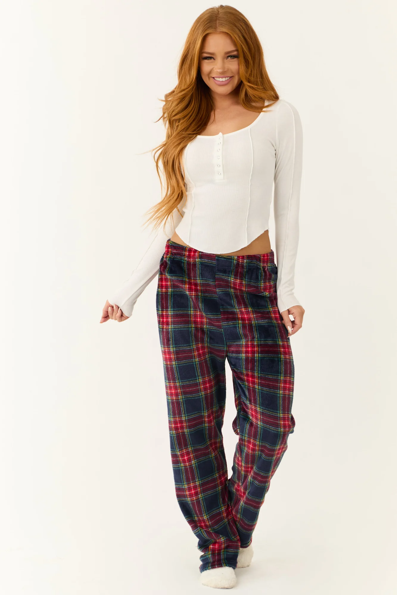 Plaid Fleece Elastic Waist Pajama Pants in Ruby and Navy