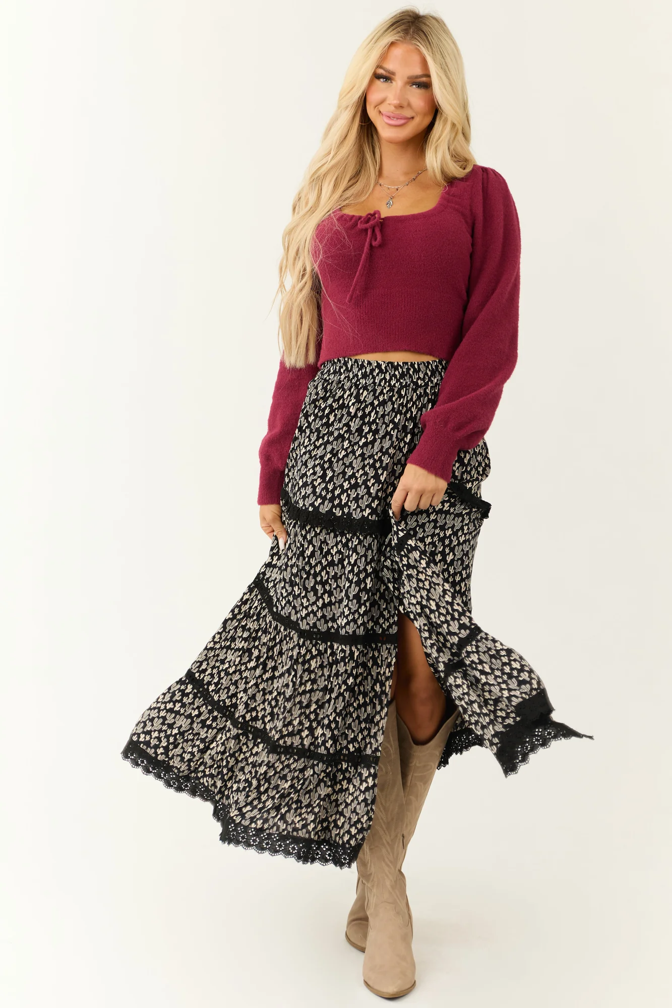 Ivory Cactus Print Lace Detail Maxi Skirt