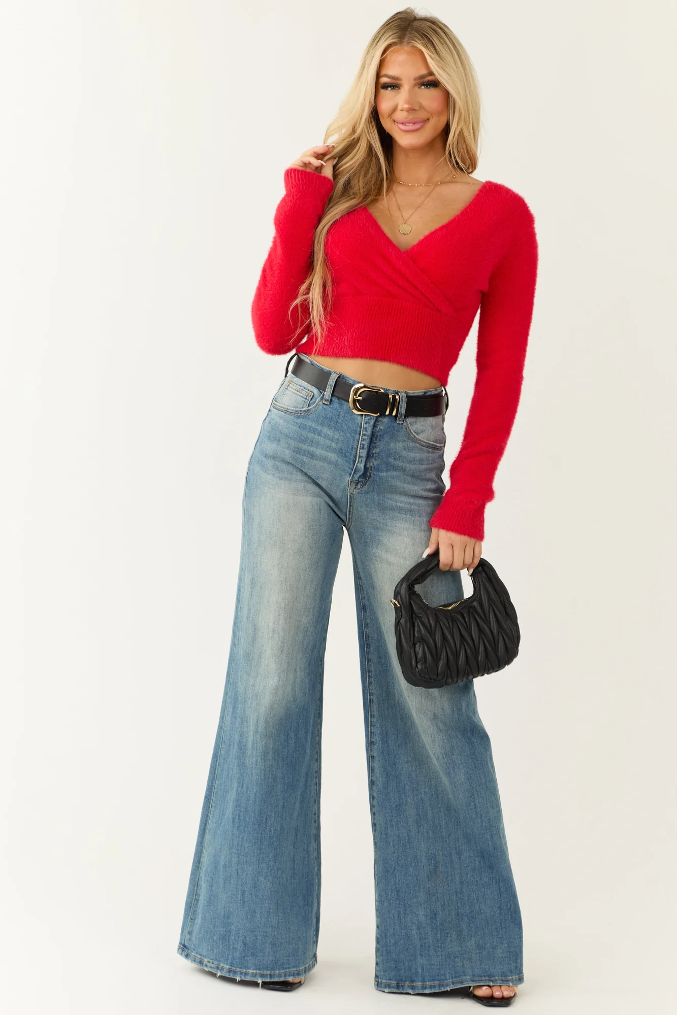 Red Knit V-Neck Cropped Sweater