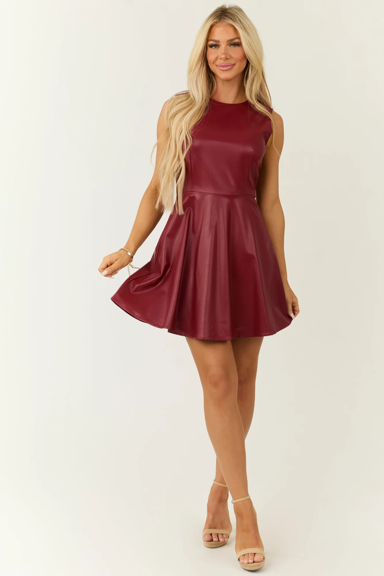 Red Faux Leather Sleeveless Skater Dress