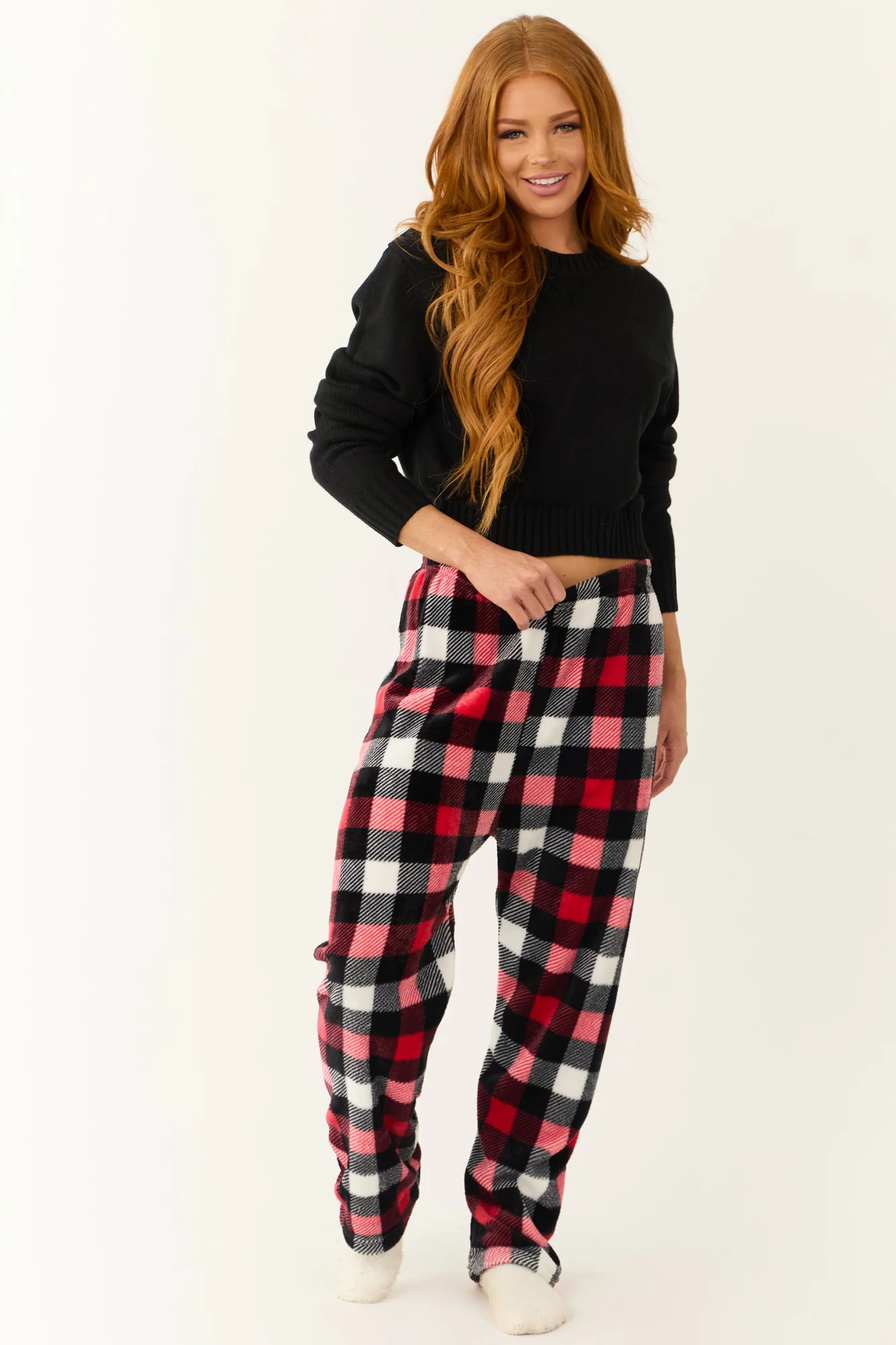 Scarlet and Black Plaid Fleece Pajama Pants - Cozy Winter Sleepwear