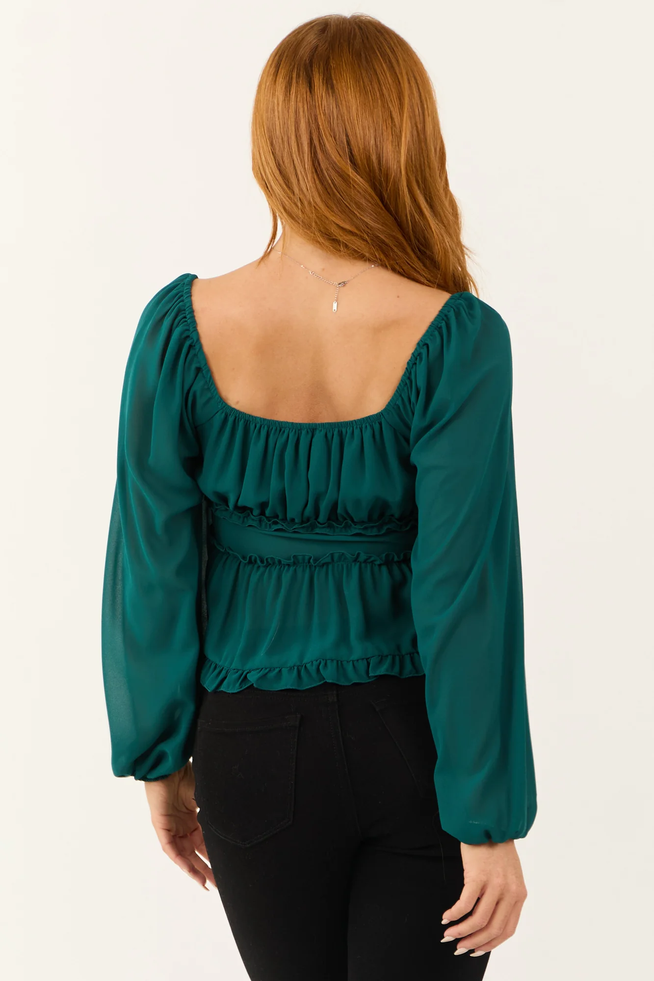 Green Frill Trim Sweetheart Neckline Blouse