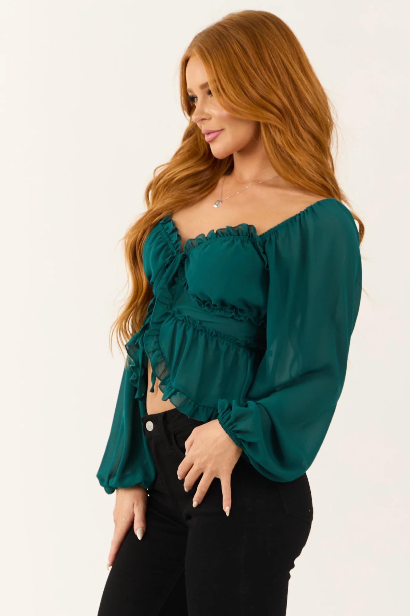 Green Frill Trim Sweetheart Neckline Blouse
