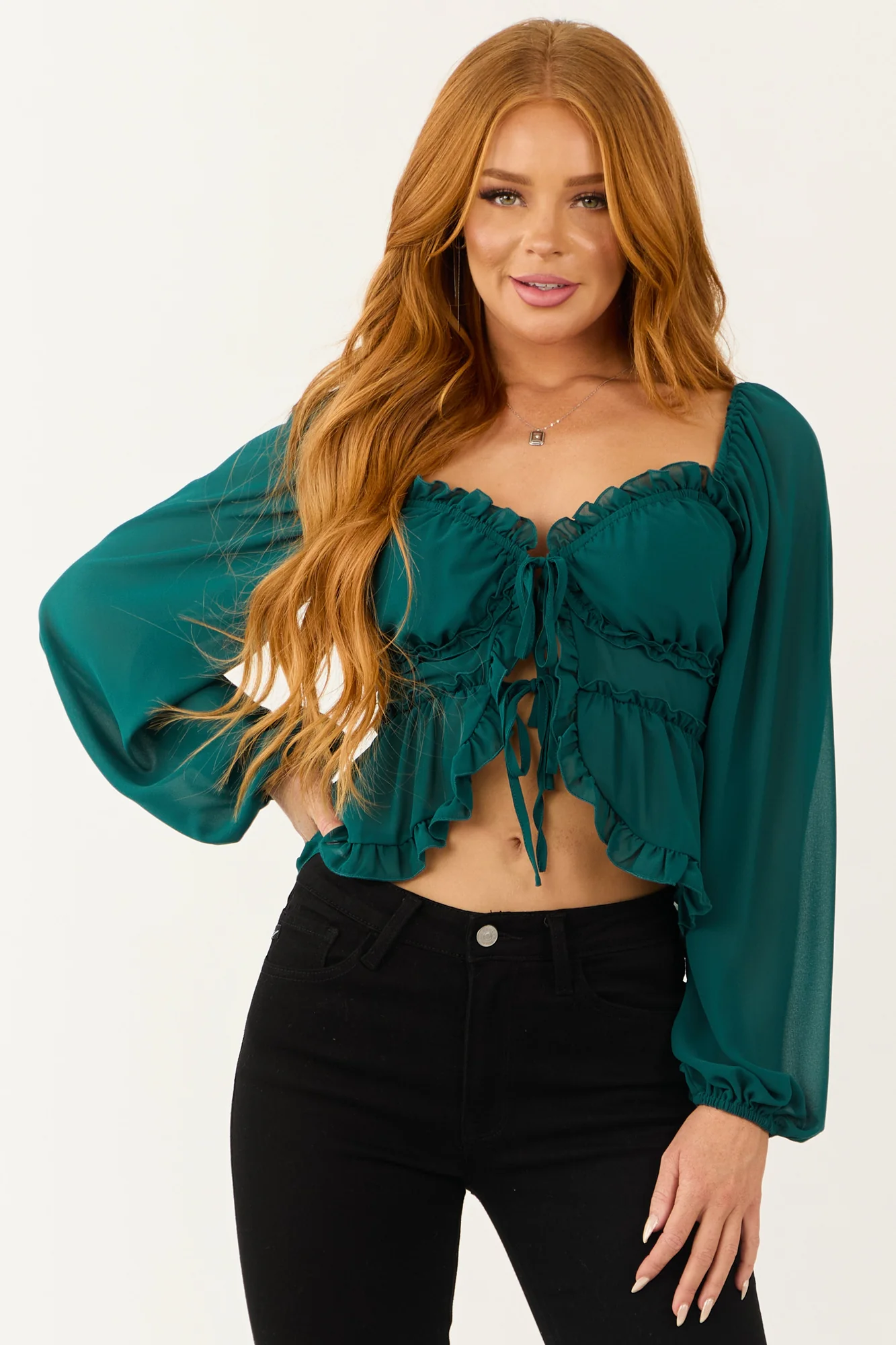 Green Frill Trim Sweetheart Neckline Blouse