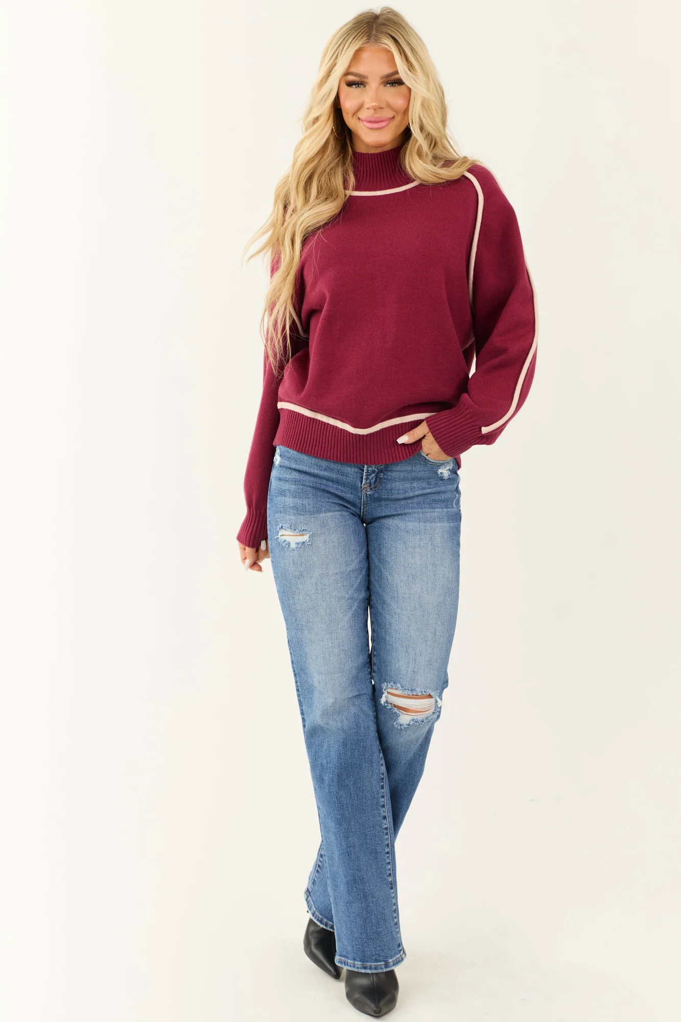 Ivory Trim Mock Neck Sweater in Wine for Women