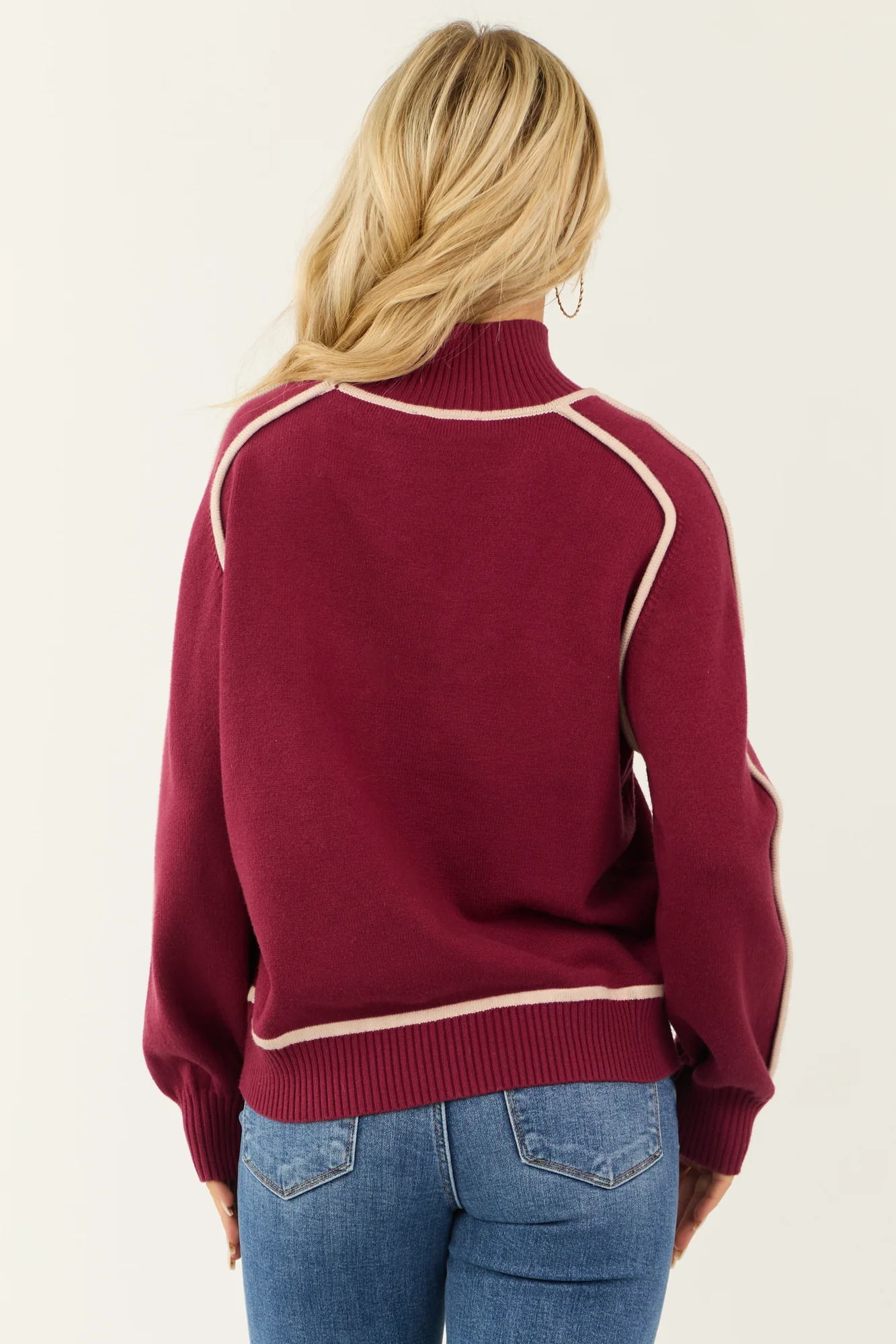 Ivory Trim Mock Neck Sweater in Wine for Women