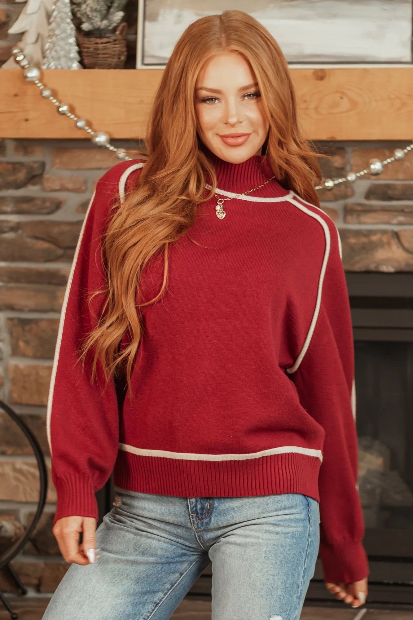 Ivory Trim Mock Neck Sweater in Wine for Women
