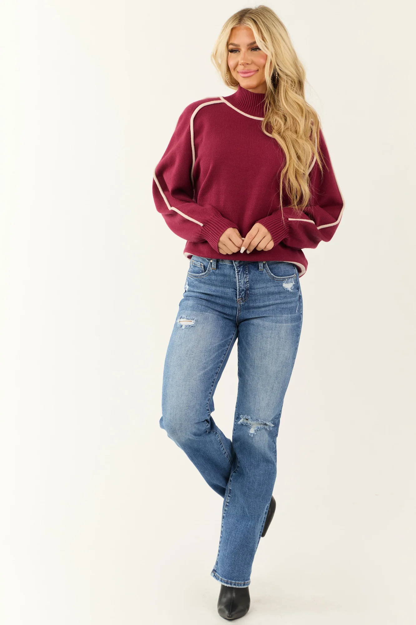 Ivory Trim Mock Neck Sweater in Wine for Women