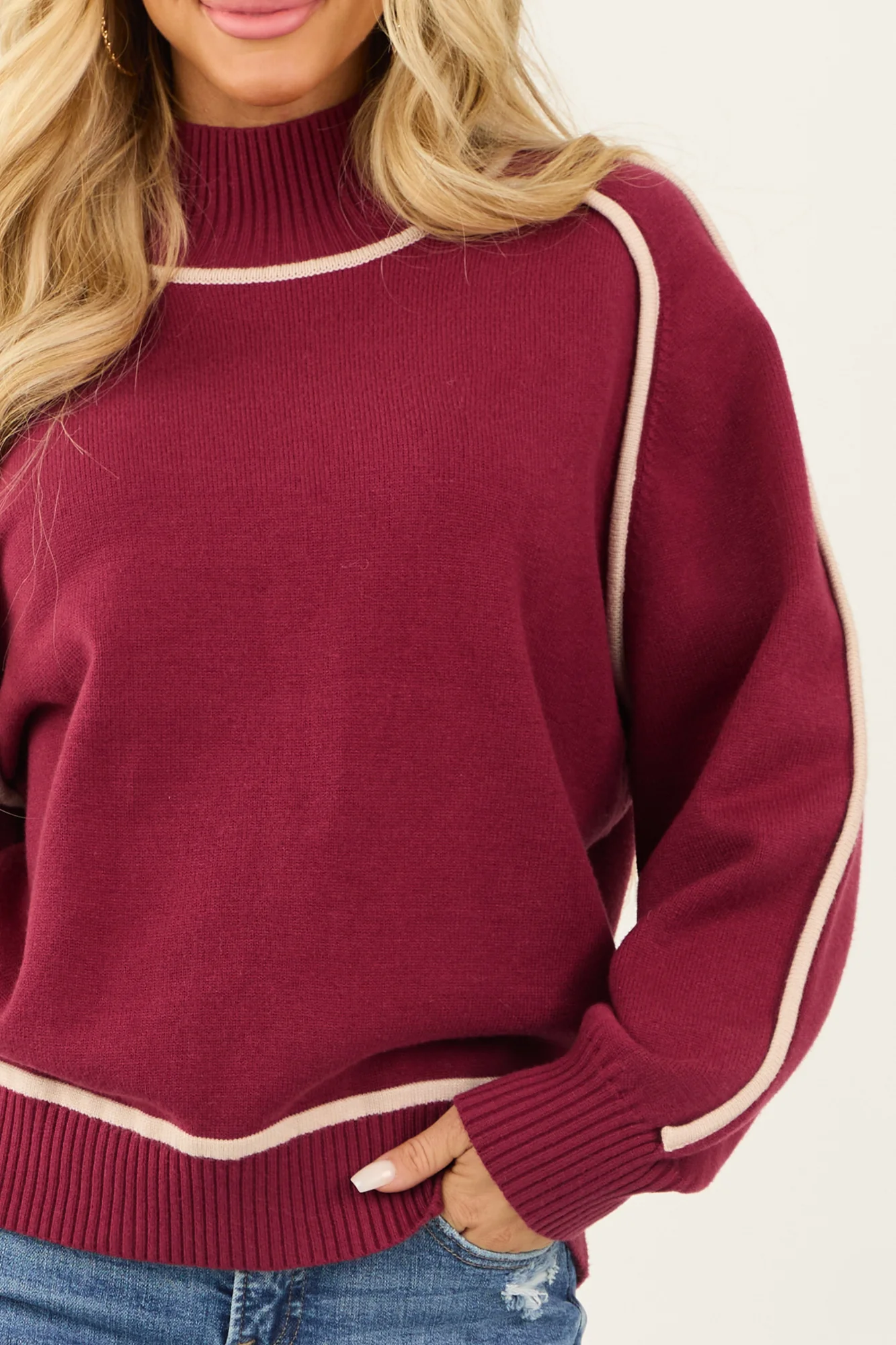 Ivory Trim Mock Neck Sweater in Wine for Women