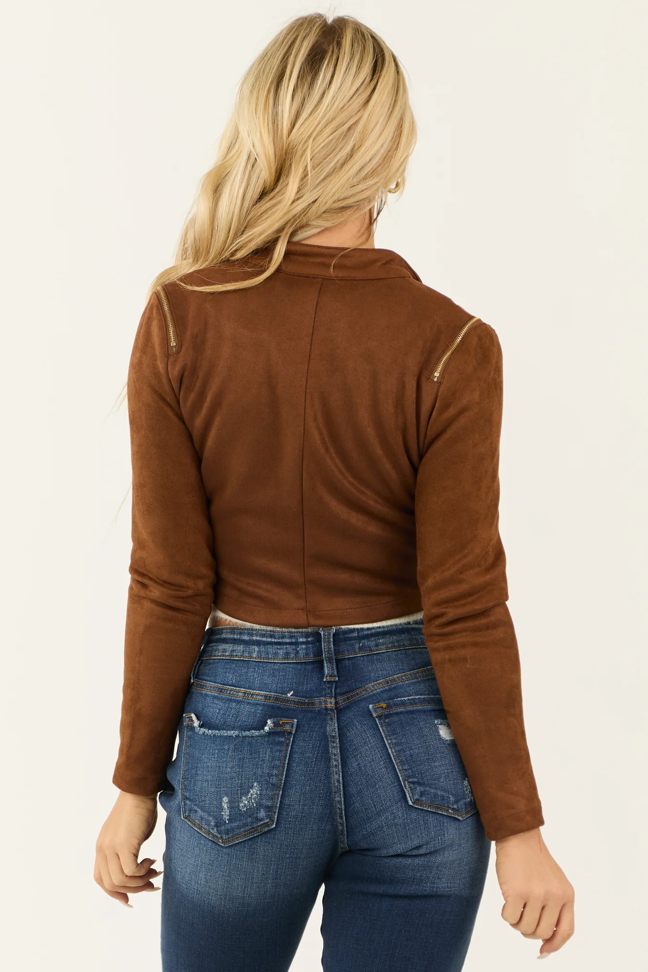 Brown Faux Suede Zipper Biker Jacket