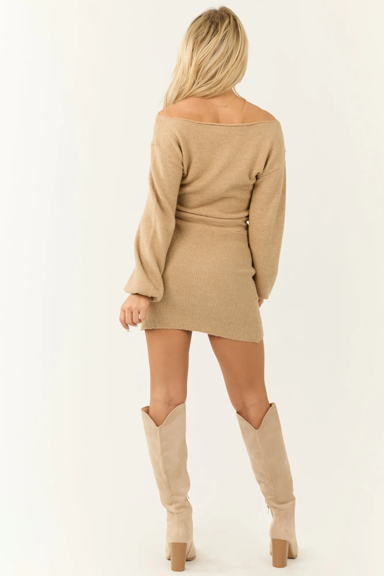 Taupe Ribbed Knit Boatneck Sweater Dress