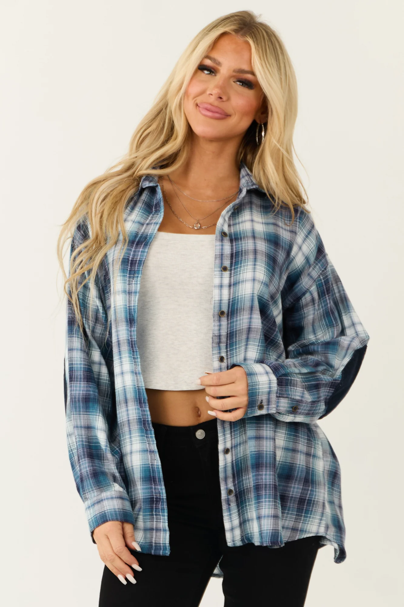 Sea Blue Plaid Button Down Elbow Patch Cotton Tops