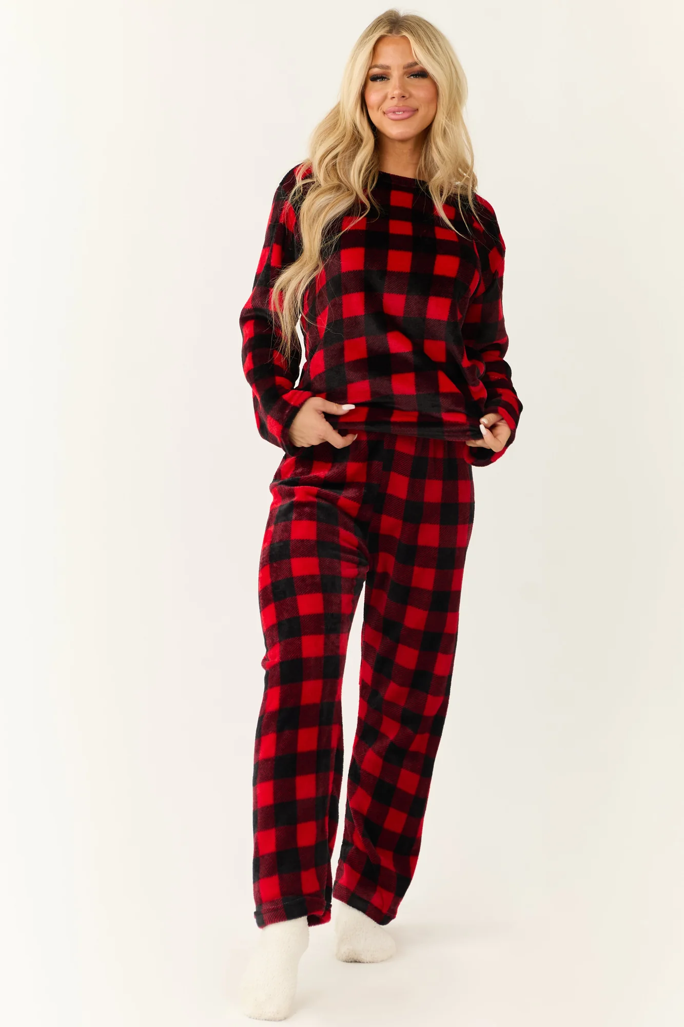 Cozy Checkered Plaid Pajama Set in Black and Ruby for Women