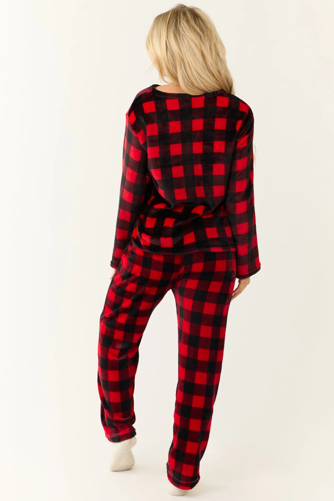 Cozy Checkered Plaid Pajama Set in Black and Ruby for Women