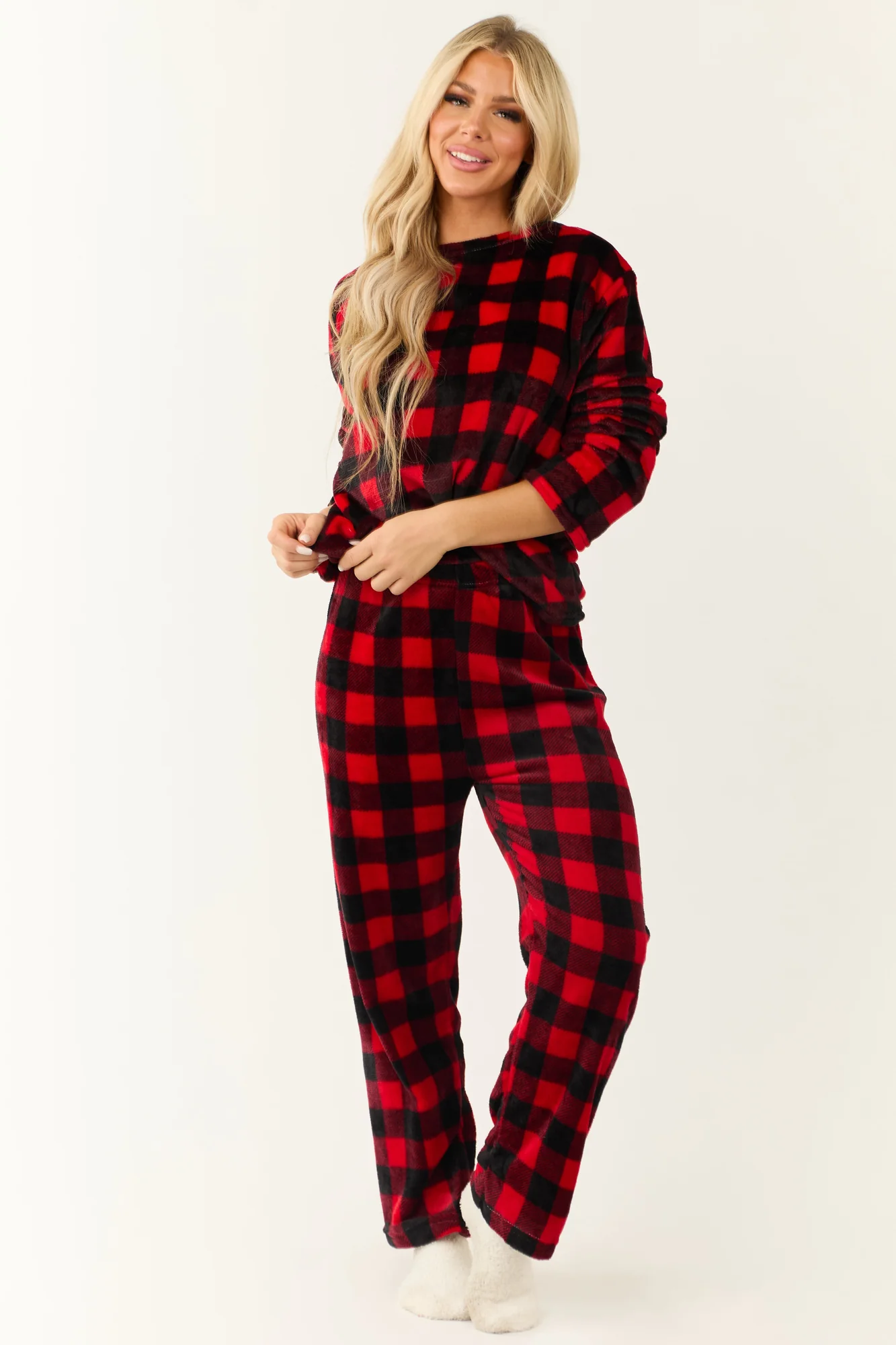 Cozy Checkered Plaid Pajama Set in Black and Ruby for Women