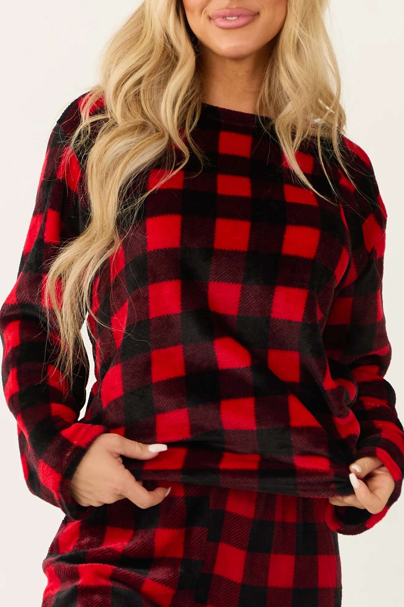 Cozy Checkered Plaid Pajama Set in Black and Ruby for Women