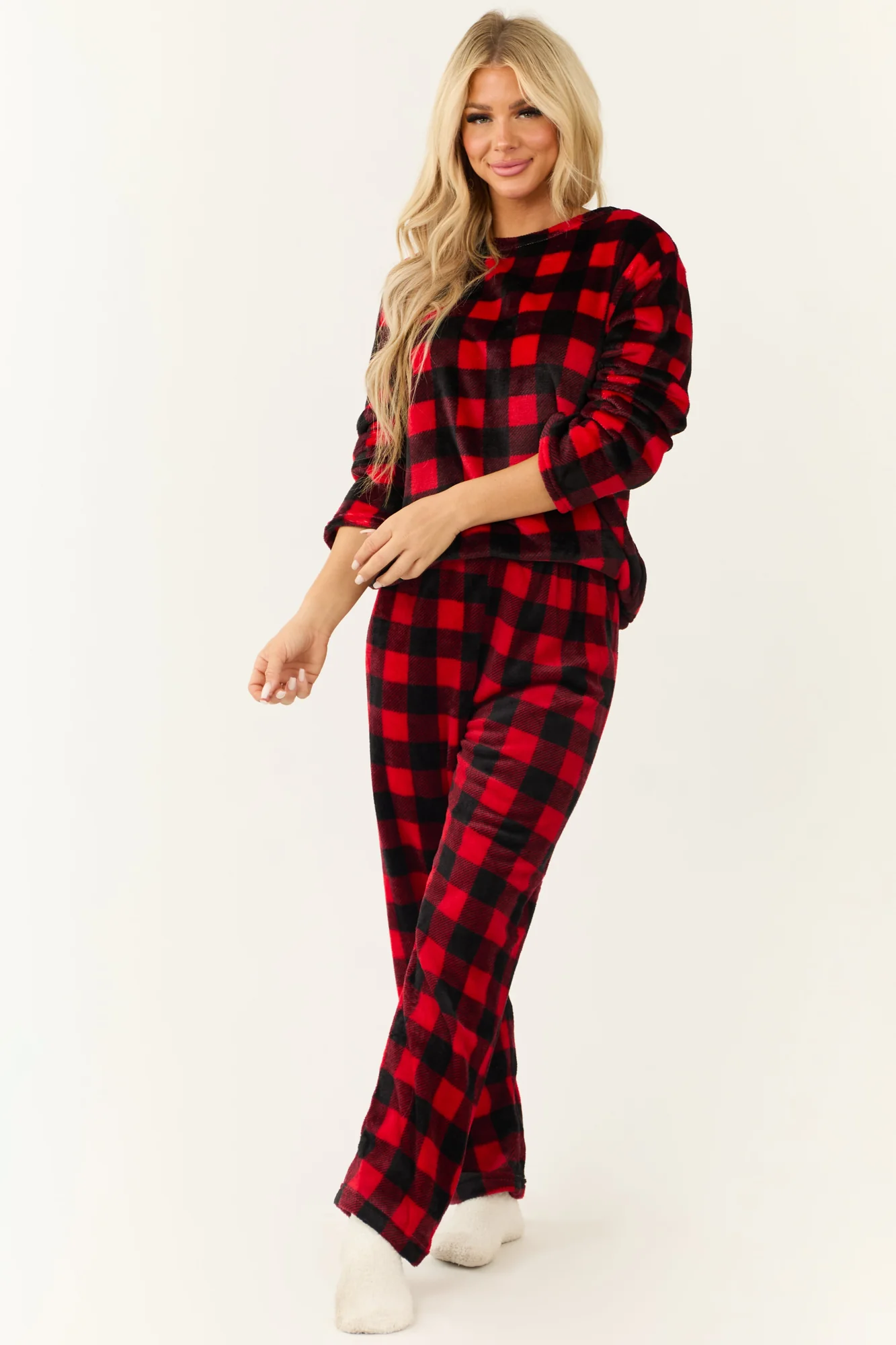 Cozy Checkered Plaid Pajama Set in Black and Ruby for Women