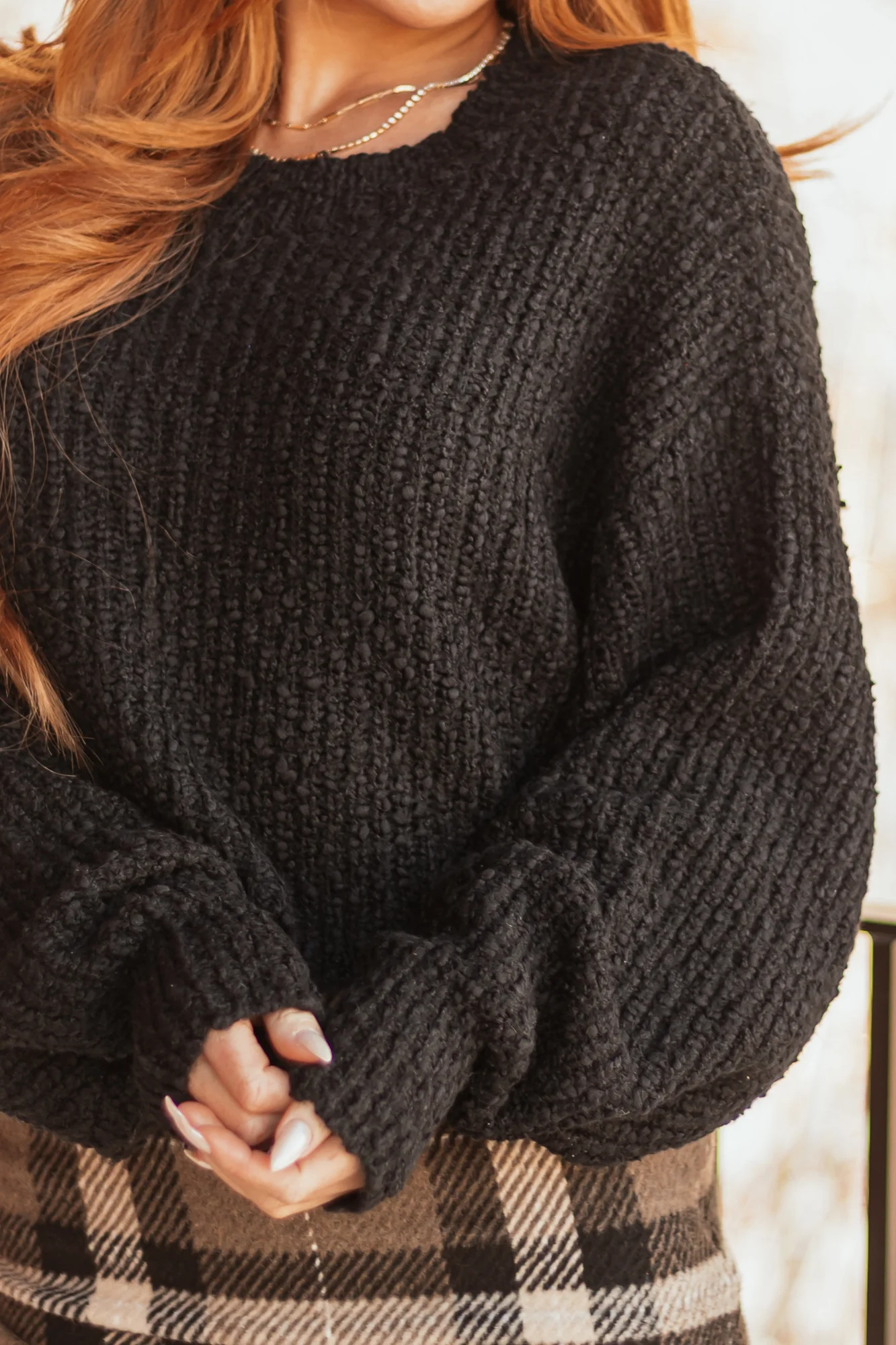 Black Oversized Popcorn Knit Cropped Sweater