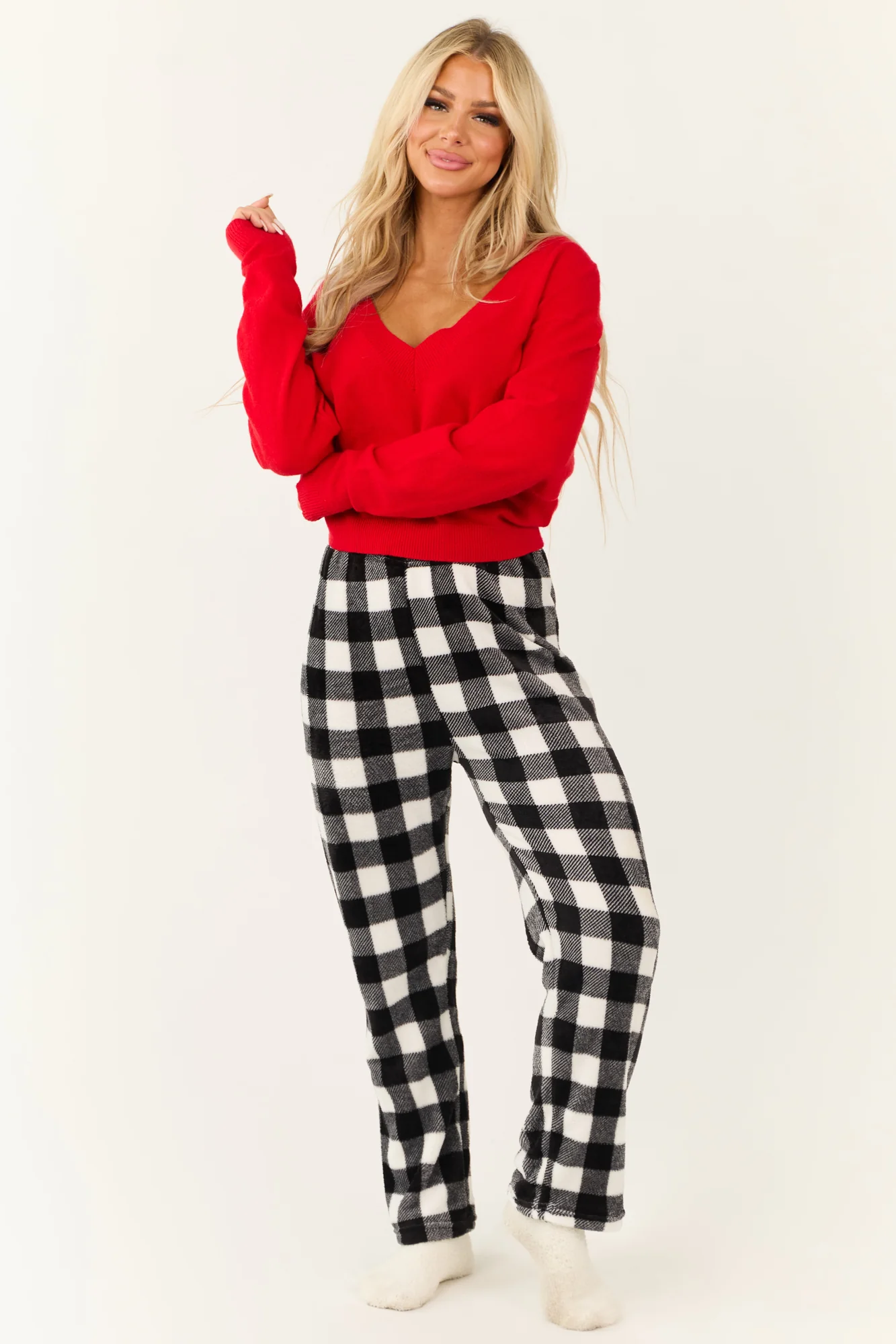 Cozy White Black Plaid Fleece Pajama Bottoms