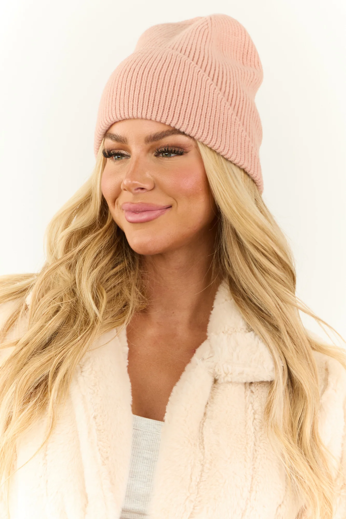 Pink Ribbed Knit Beanie Hat Winter Accessory