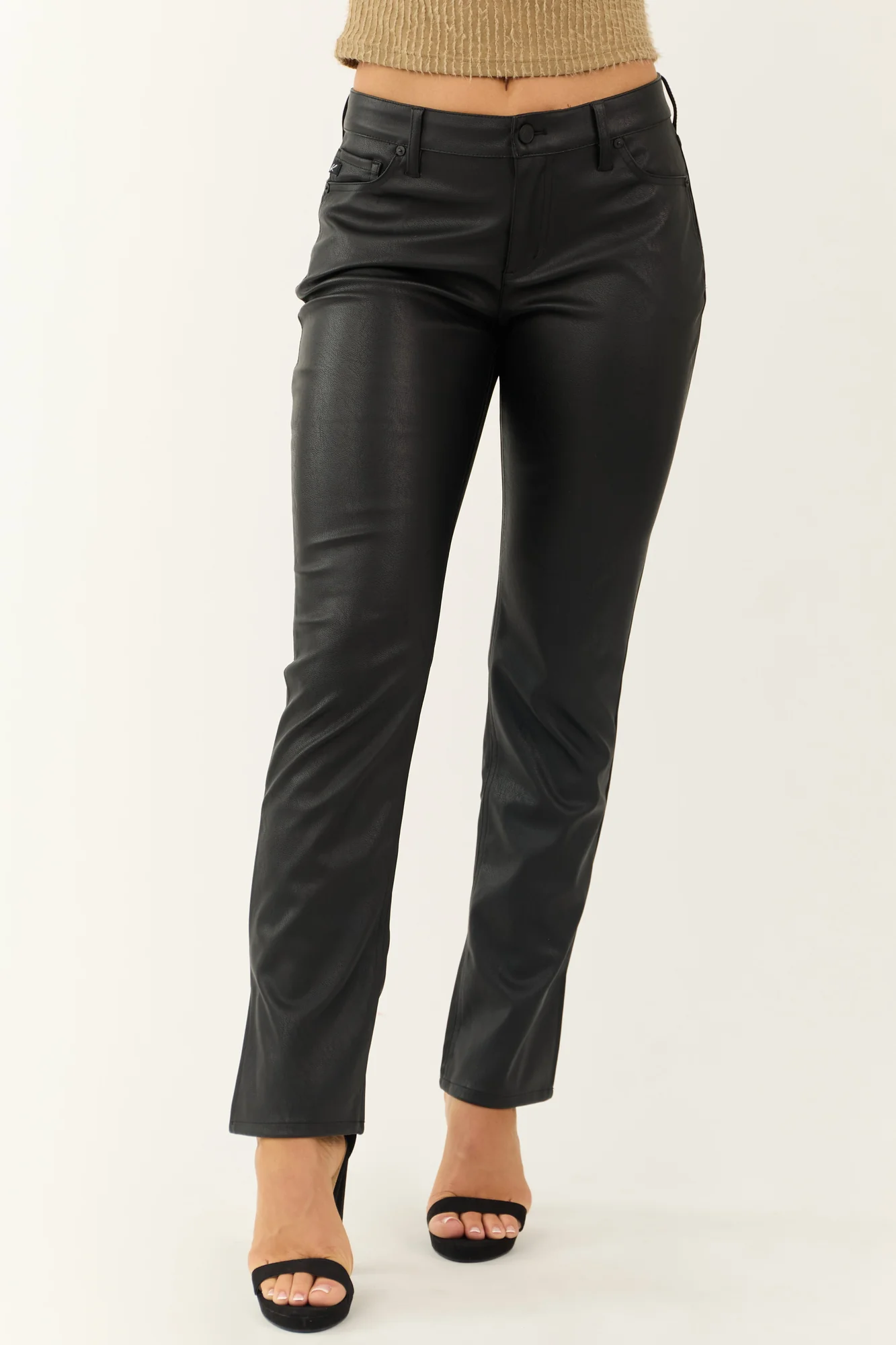 Black Faux Leather Ankle Slit Pants for Women