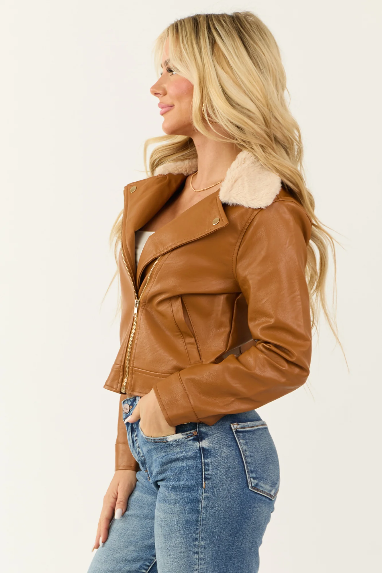 Brown Faux Leather Motorcycle Jacket Womens Zip-Up Style