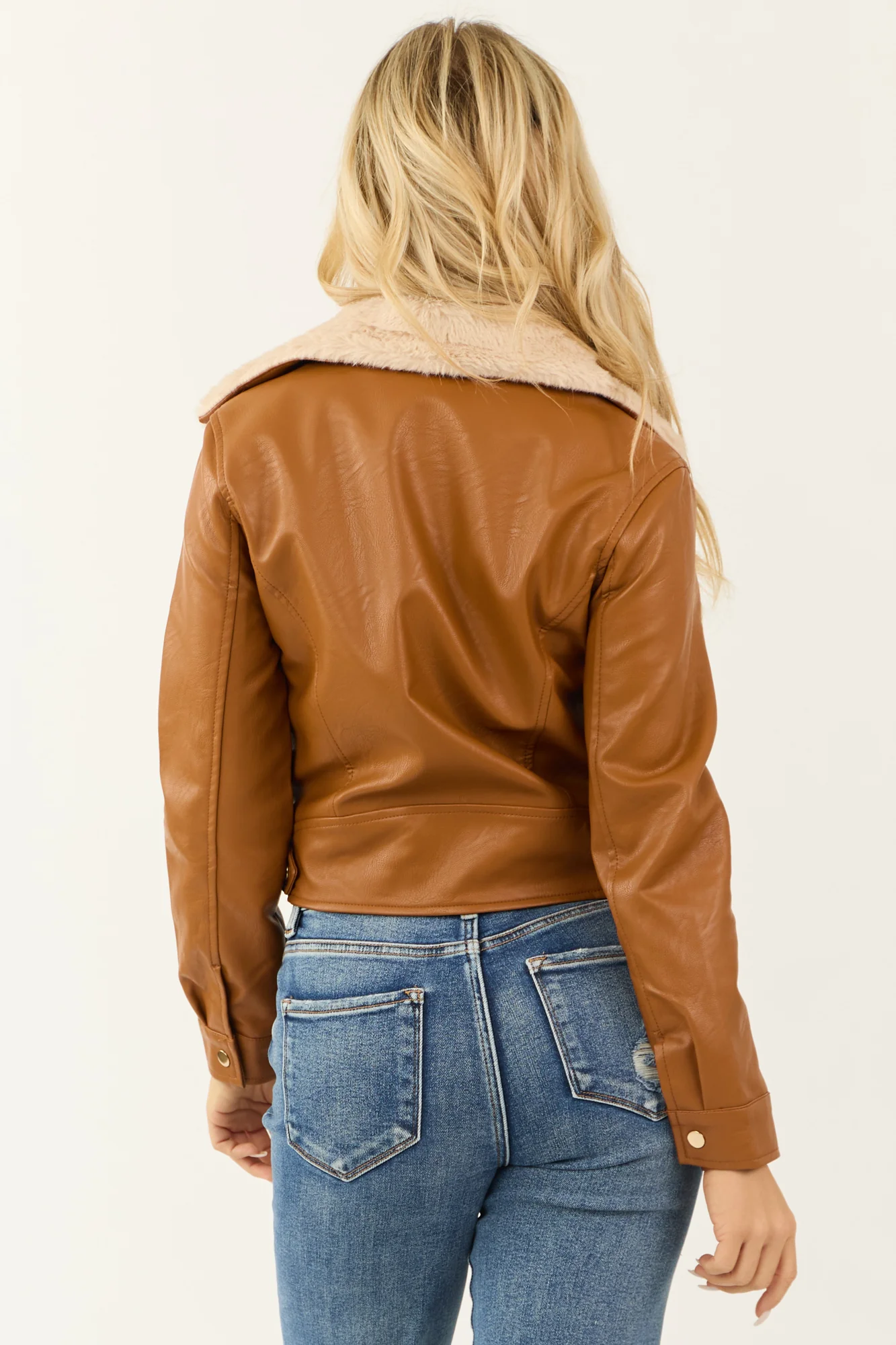 Brown Faux Leather Motorcycle Jacket Womens Zip-Up Style