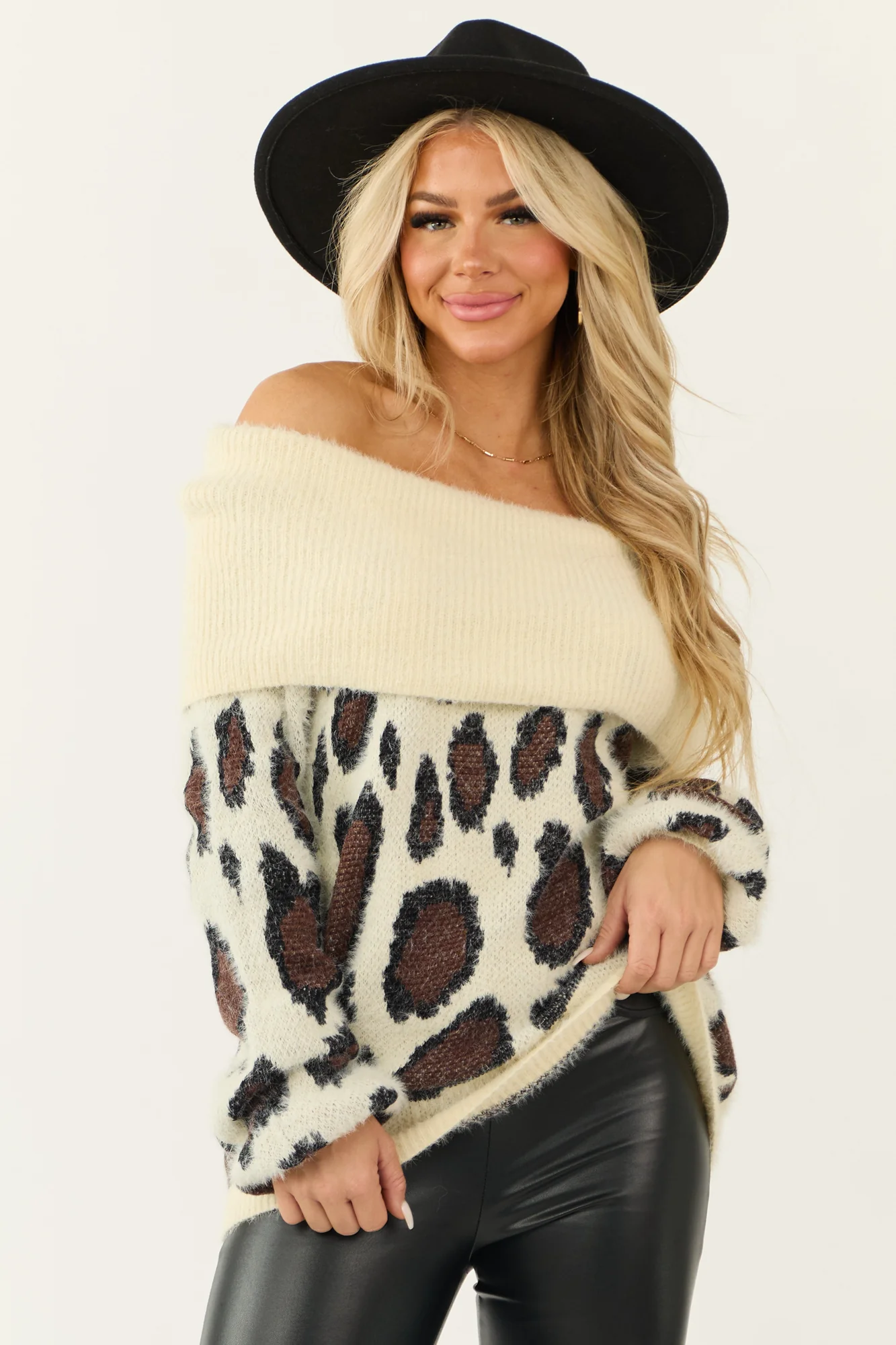 Leopard Print Off the Shoulder Fuzzy Sweater