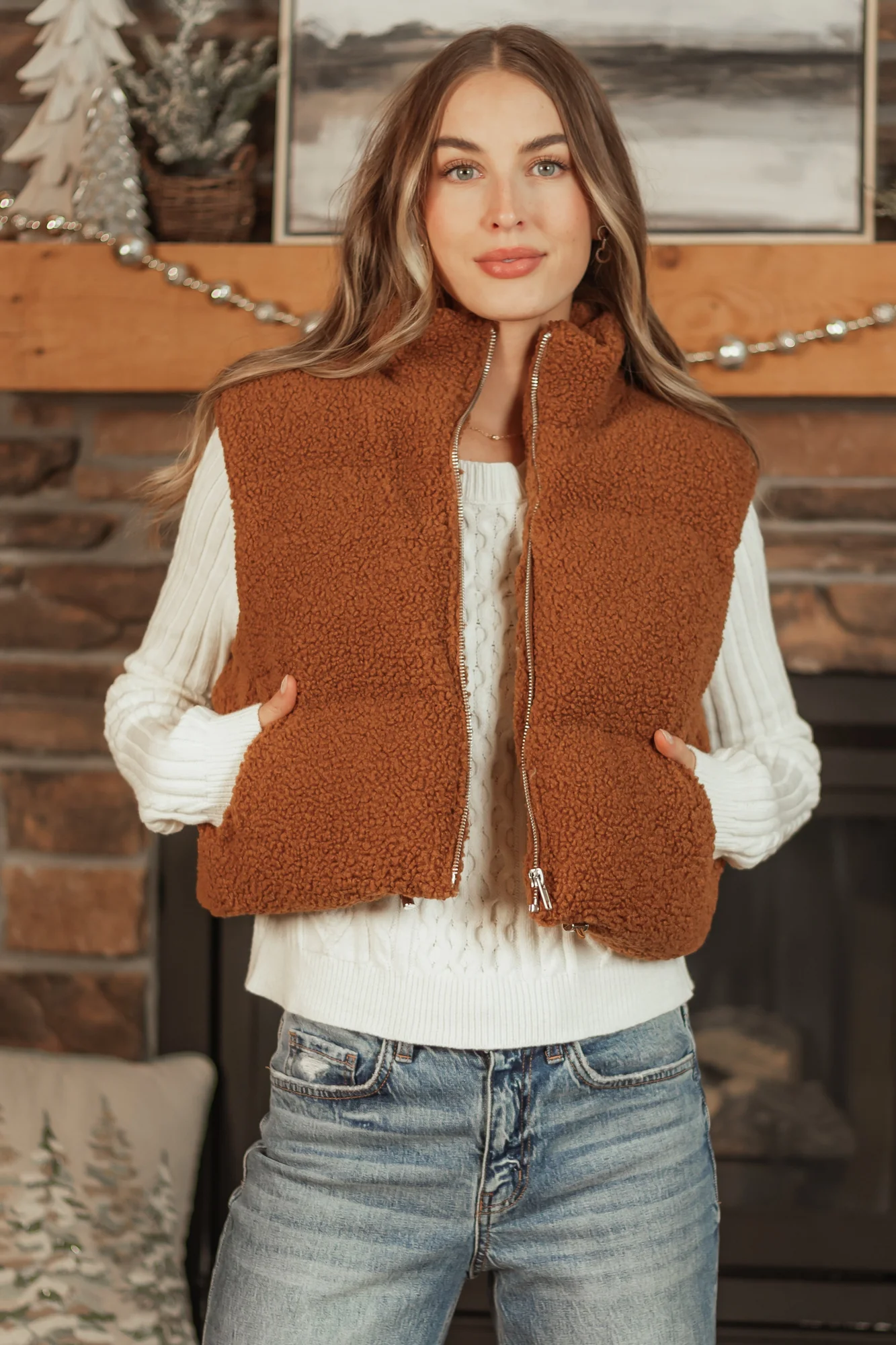 Sherpa Zip Up Puffer Vest in Spice Color
