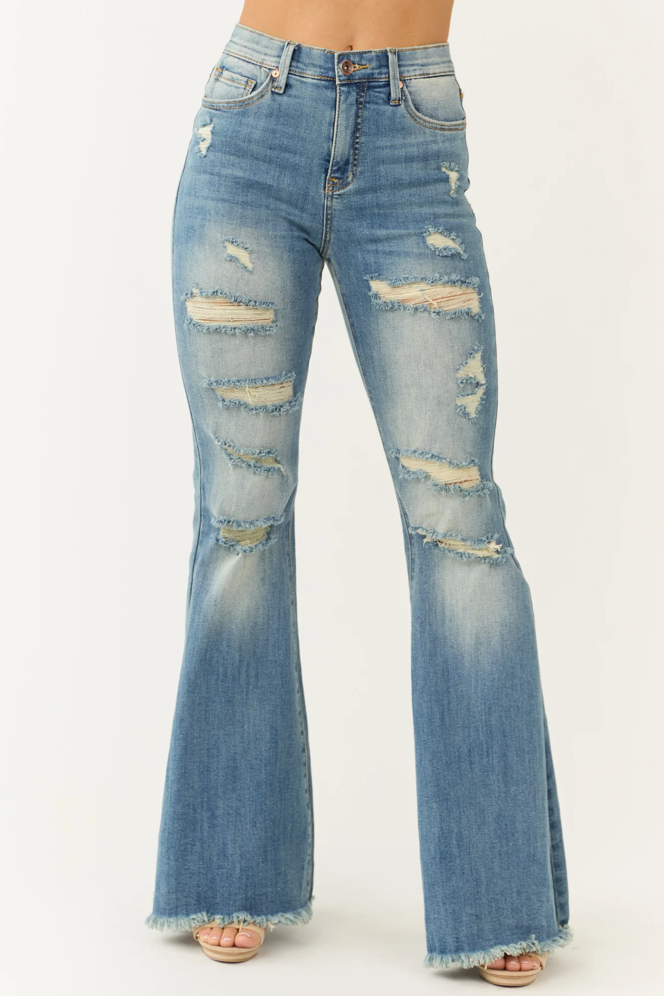 Medium Wash High Rise Distressed Flare Jeans