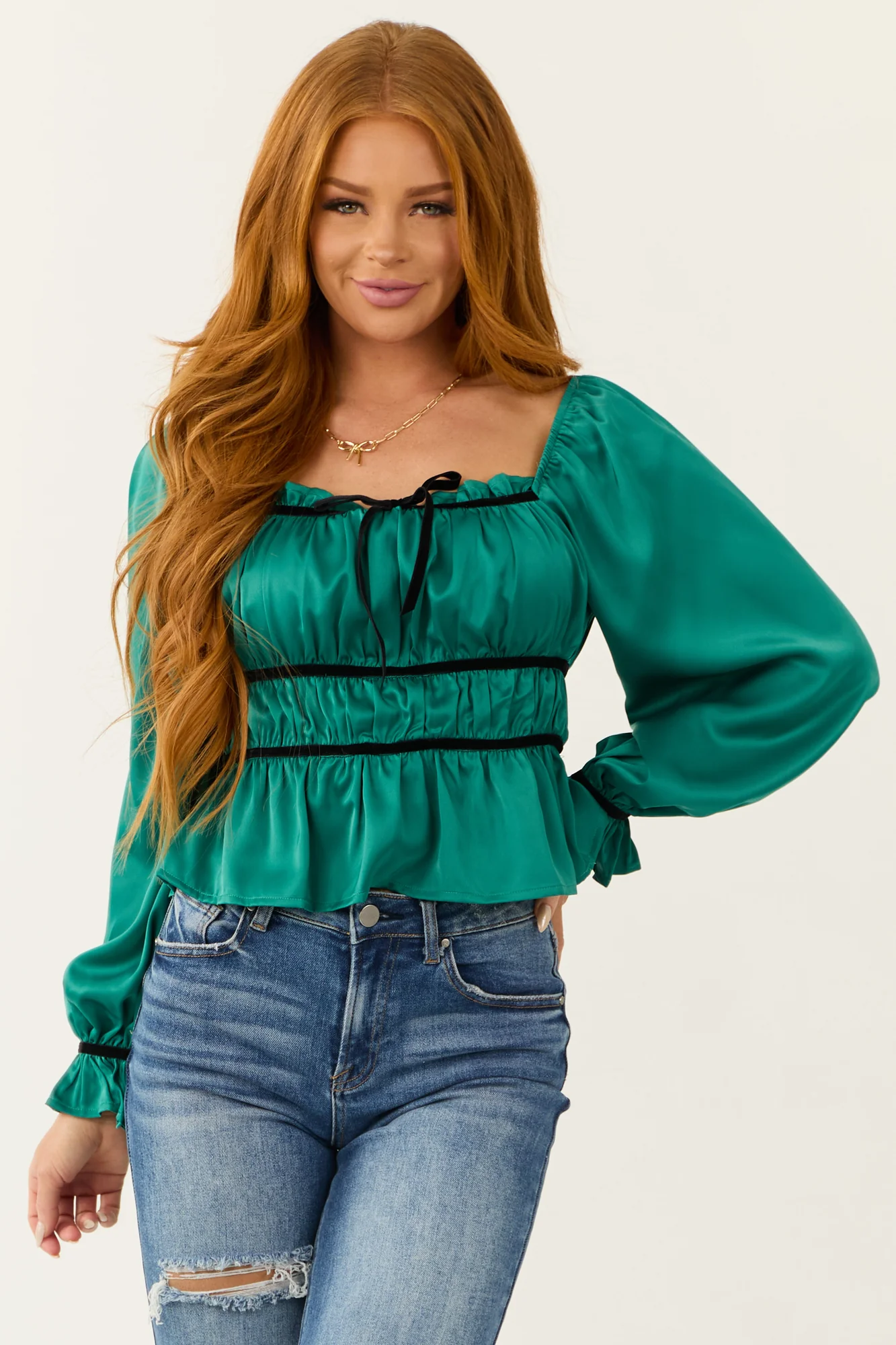 Pine Satin Peplum Sleeve Top