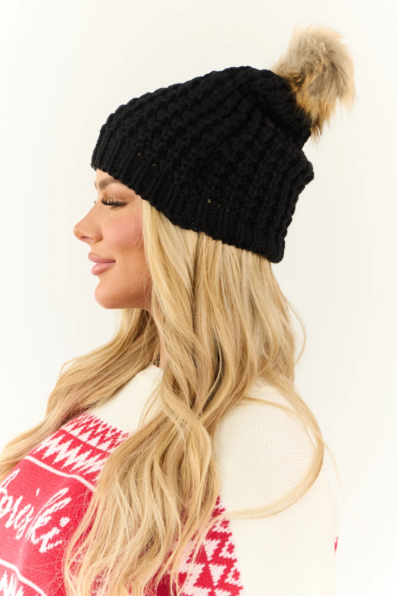 Black Textured Knit Beanie with Faux Fur Pom Pom