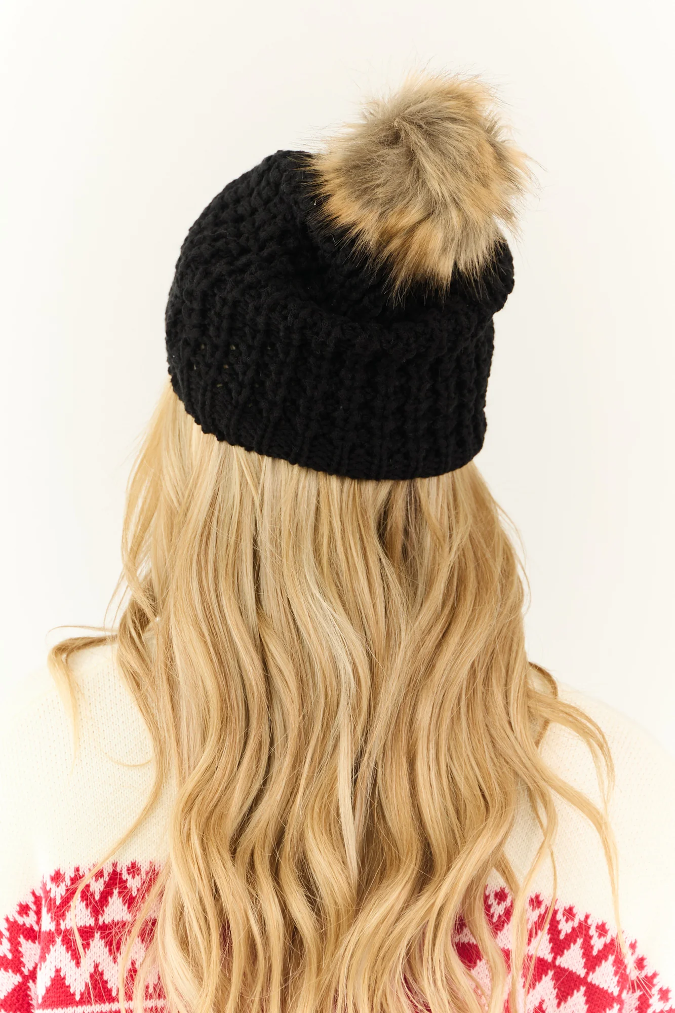 Black Textured Knit Beanie with Faux Fur Pom Pom