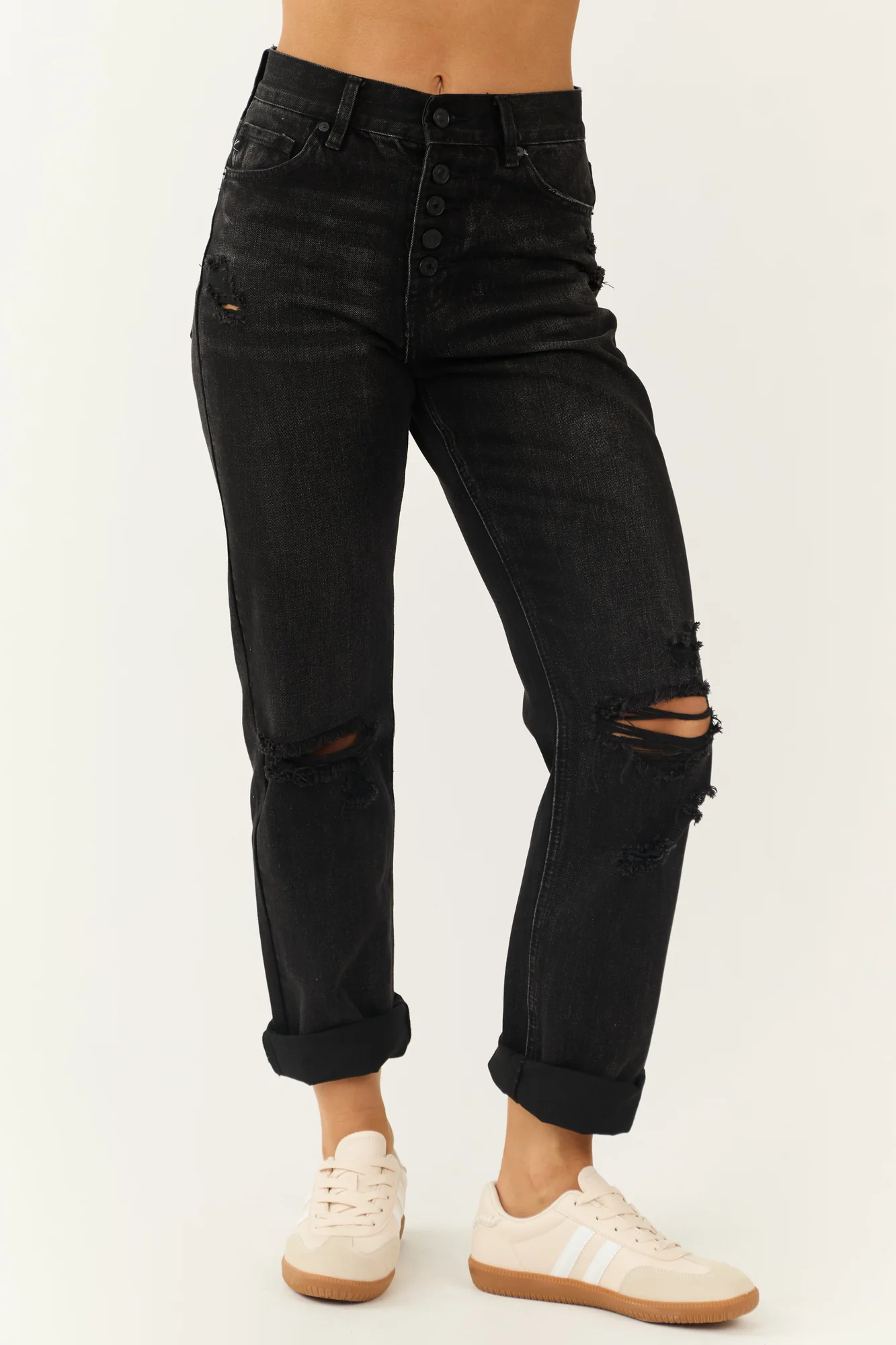 Charcoal Distressed Straight Jeans for Women High Rise Button-Fly Style