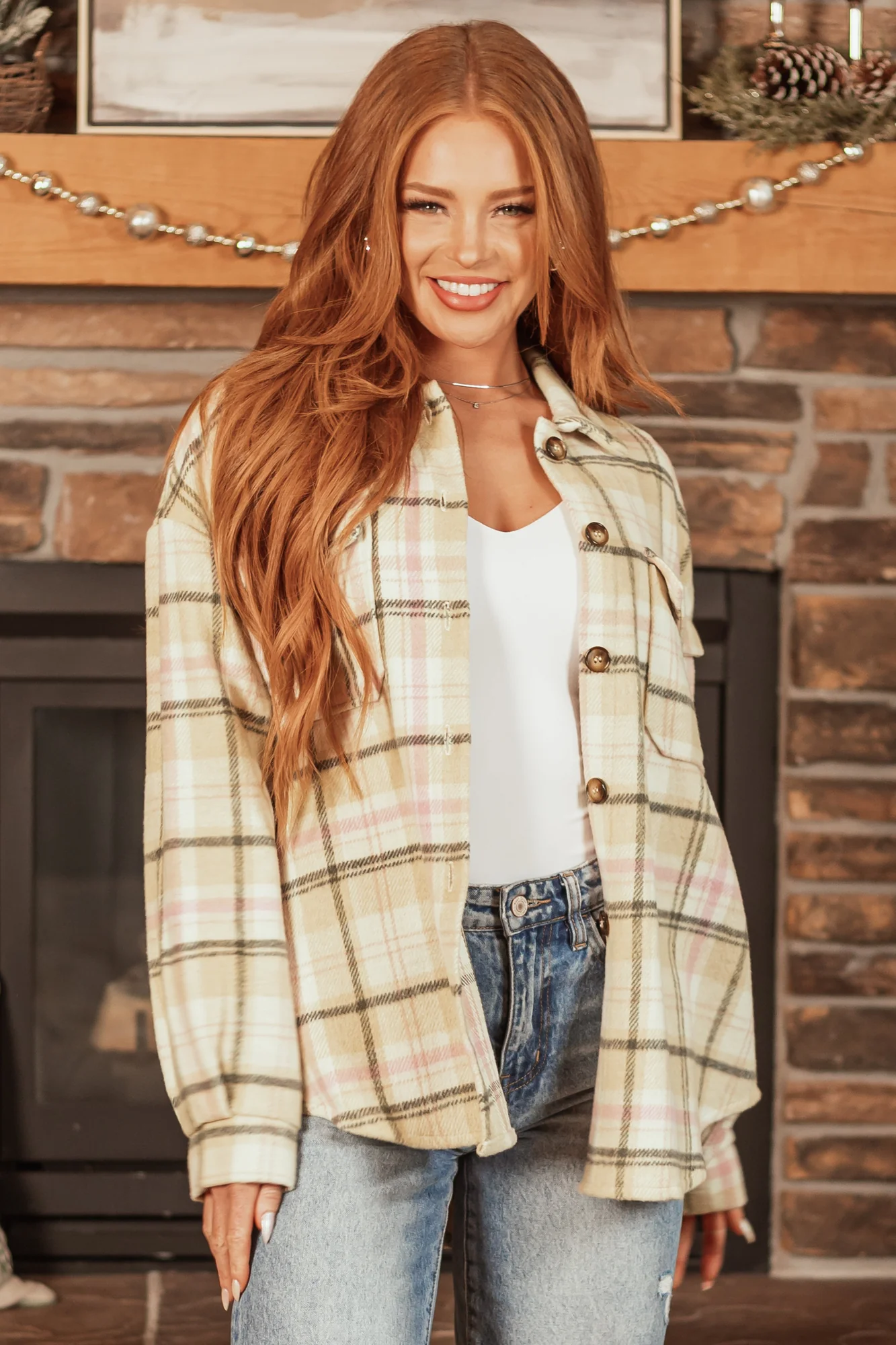Beige Plaid Collared Shacket - Stylish Button-Up Shirt