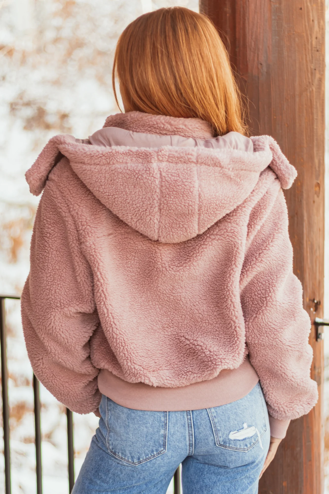 Sherpa Hooded Bomber Jacket in Dusty Blush - Womens Winter Outerwear