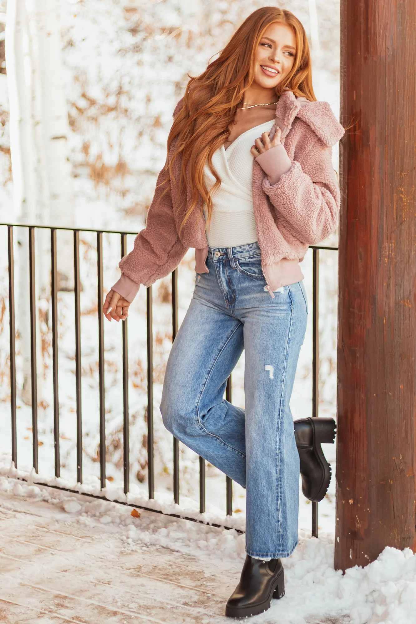 Sherpa Hooded Bomber Jacket in Dusty Blush - Womens Winter Outerwear