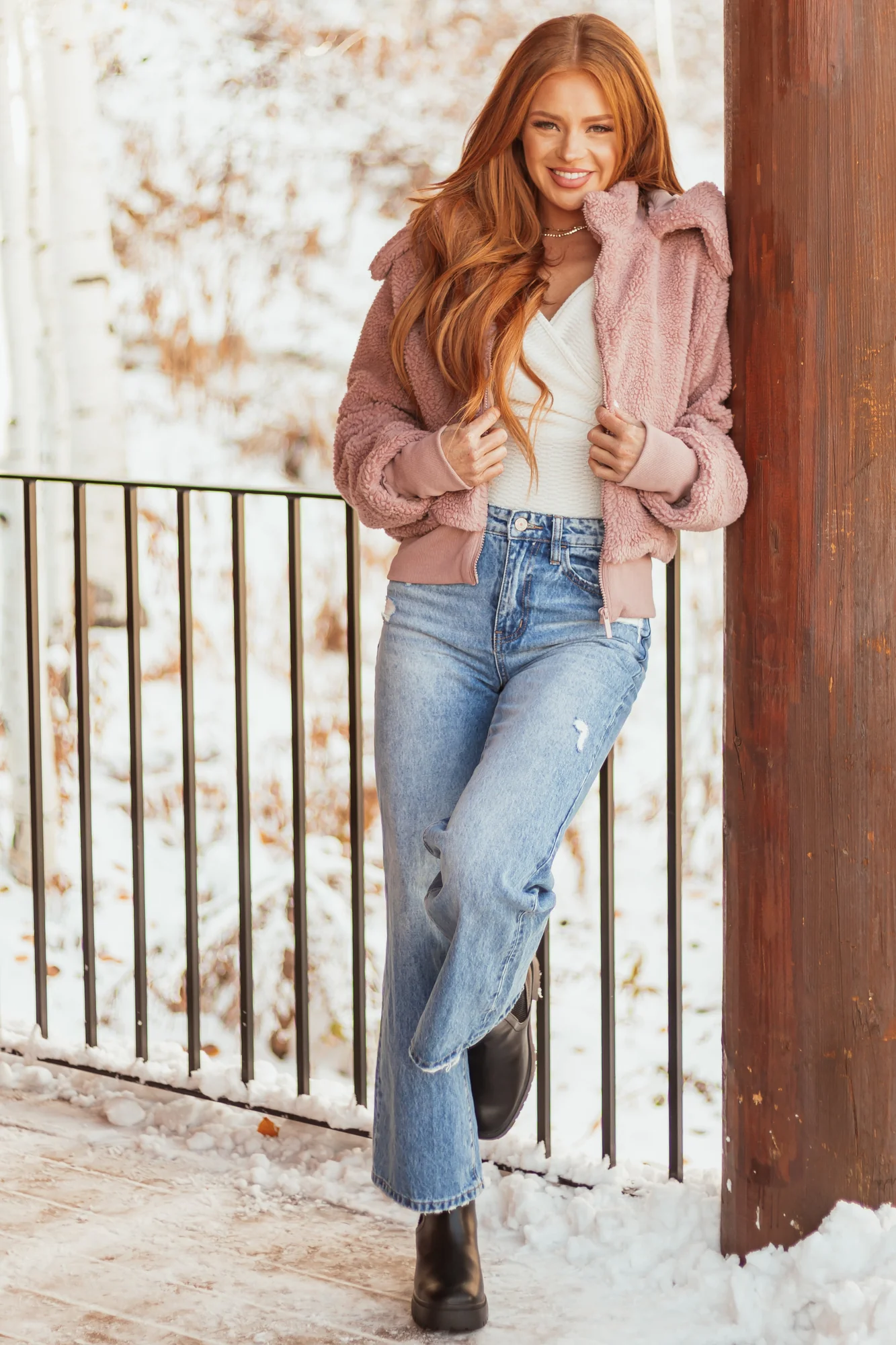 Sherpa Hooded Bomber Jacket in Dusty Blush - Womens Winter Outerwear