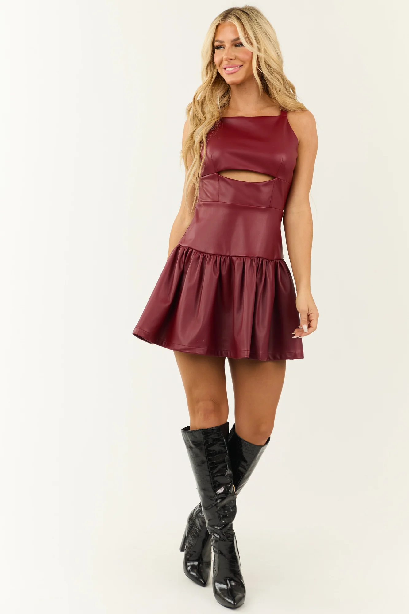 Burgundy Cut Out Faux Leather Dress with Open Back