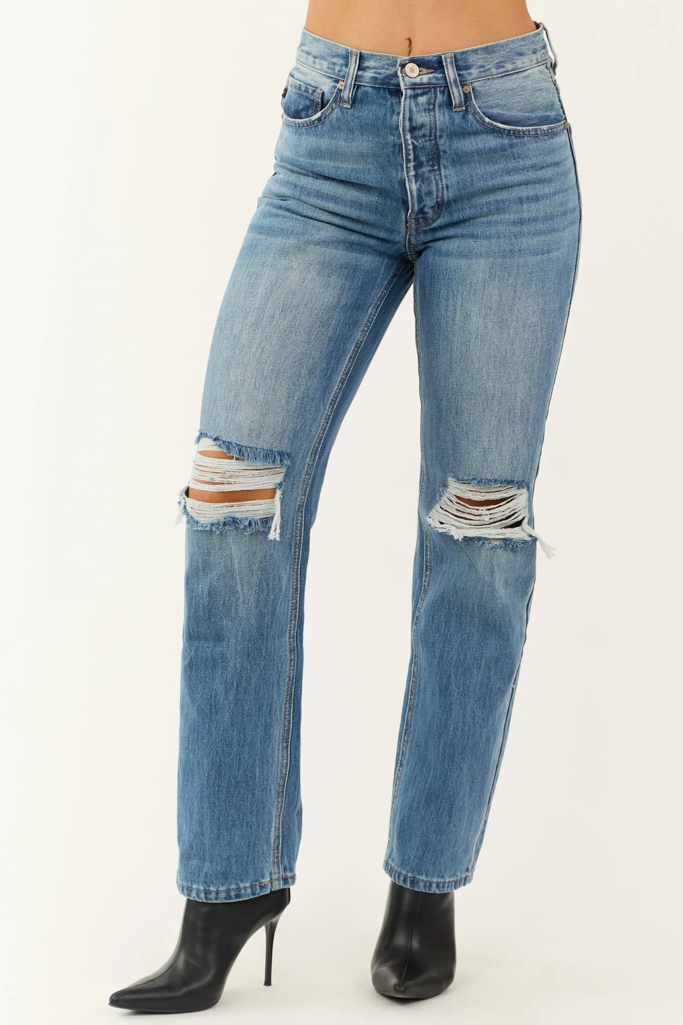 Medium Wash Distressed Straight Leg Cotton Jeans