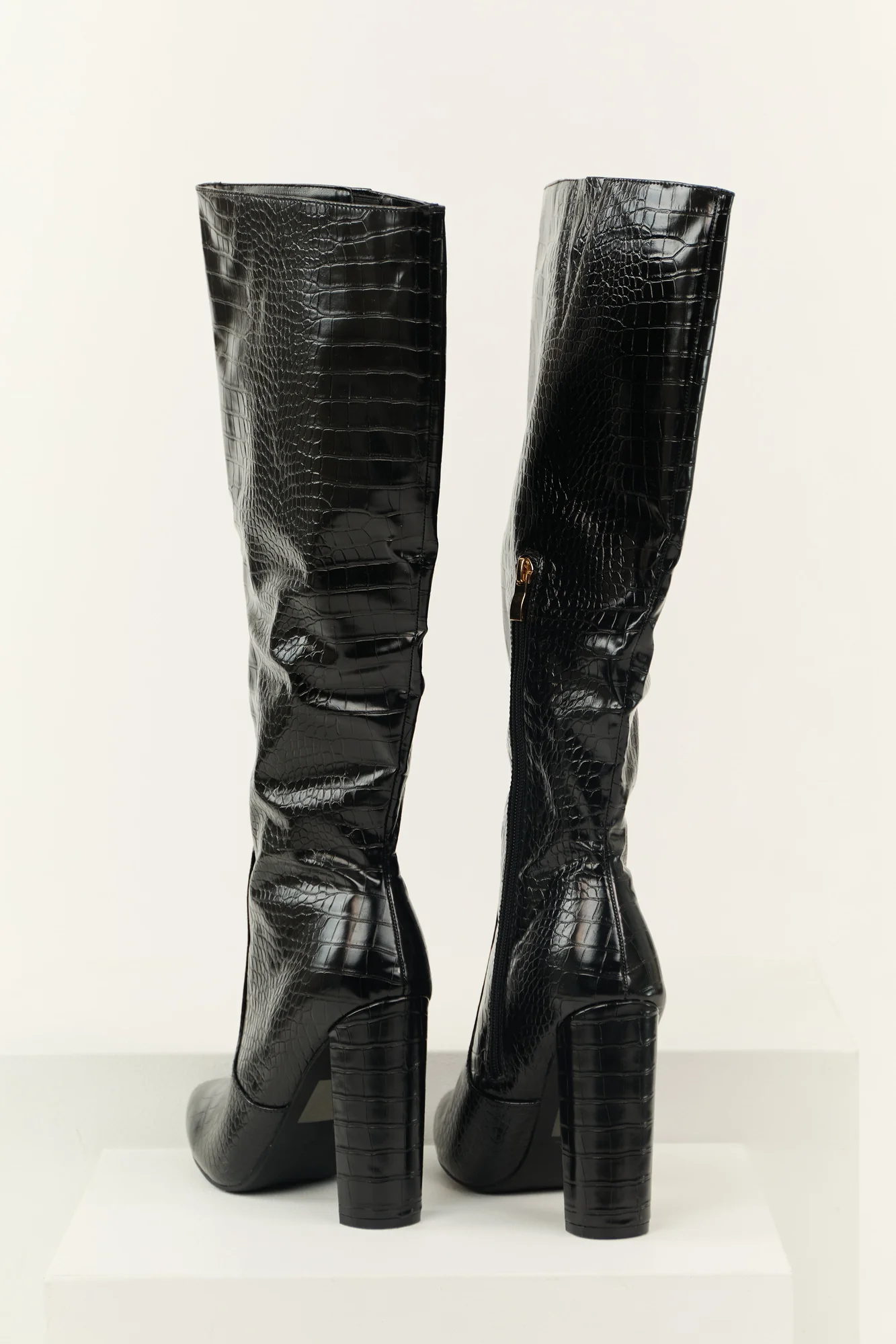 Black Crocodile Heeled Boots - Womens Trendy Faux Leather Shoes