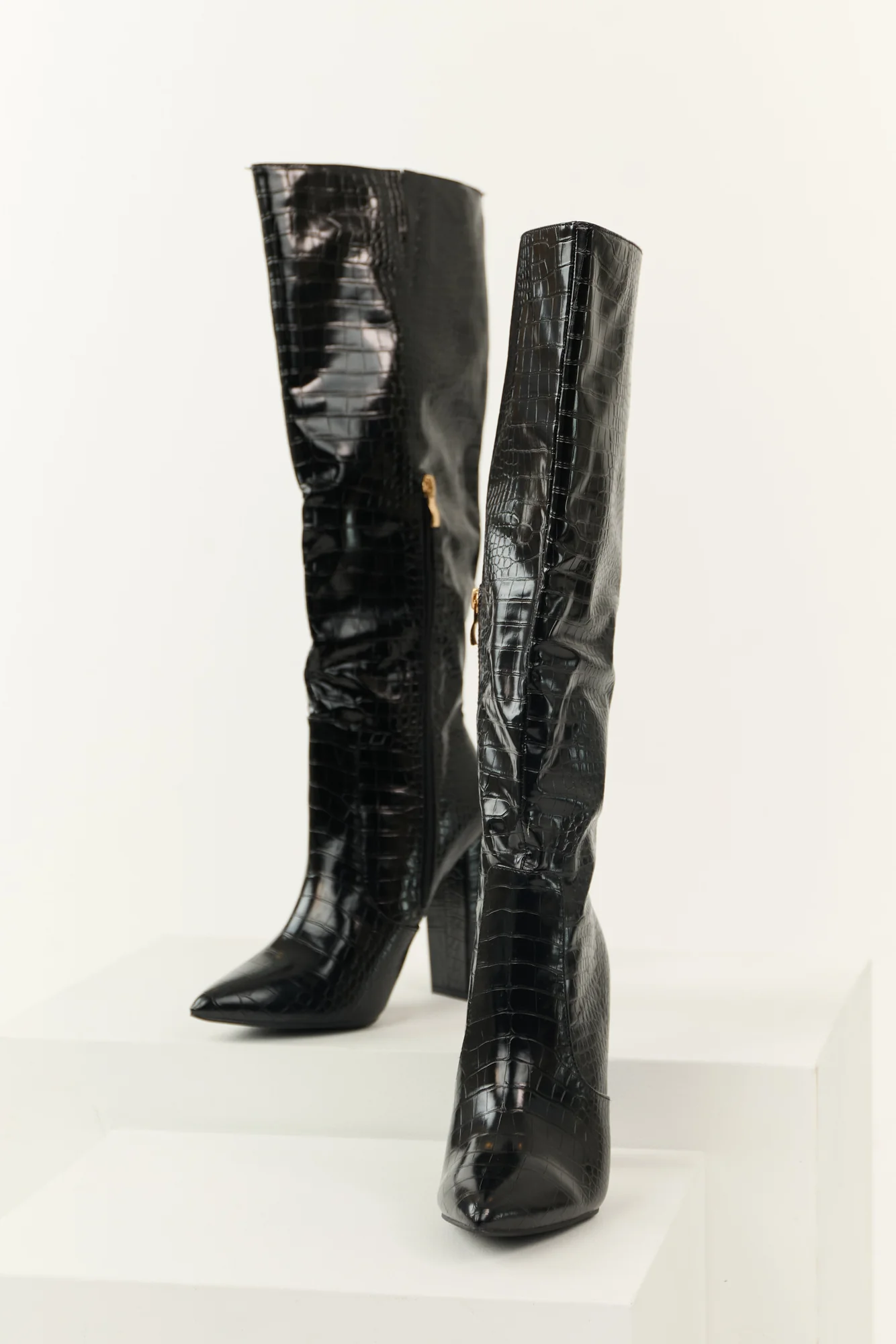 Black Crocodile Heeled Boots - Womens Trendy Faux Leather Shoes