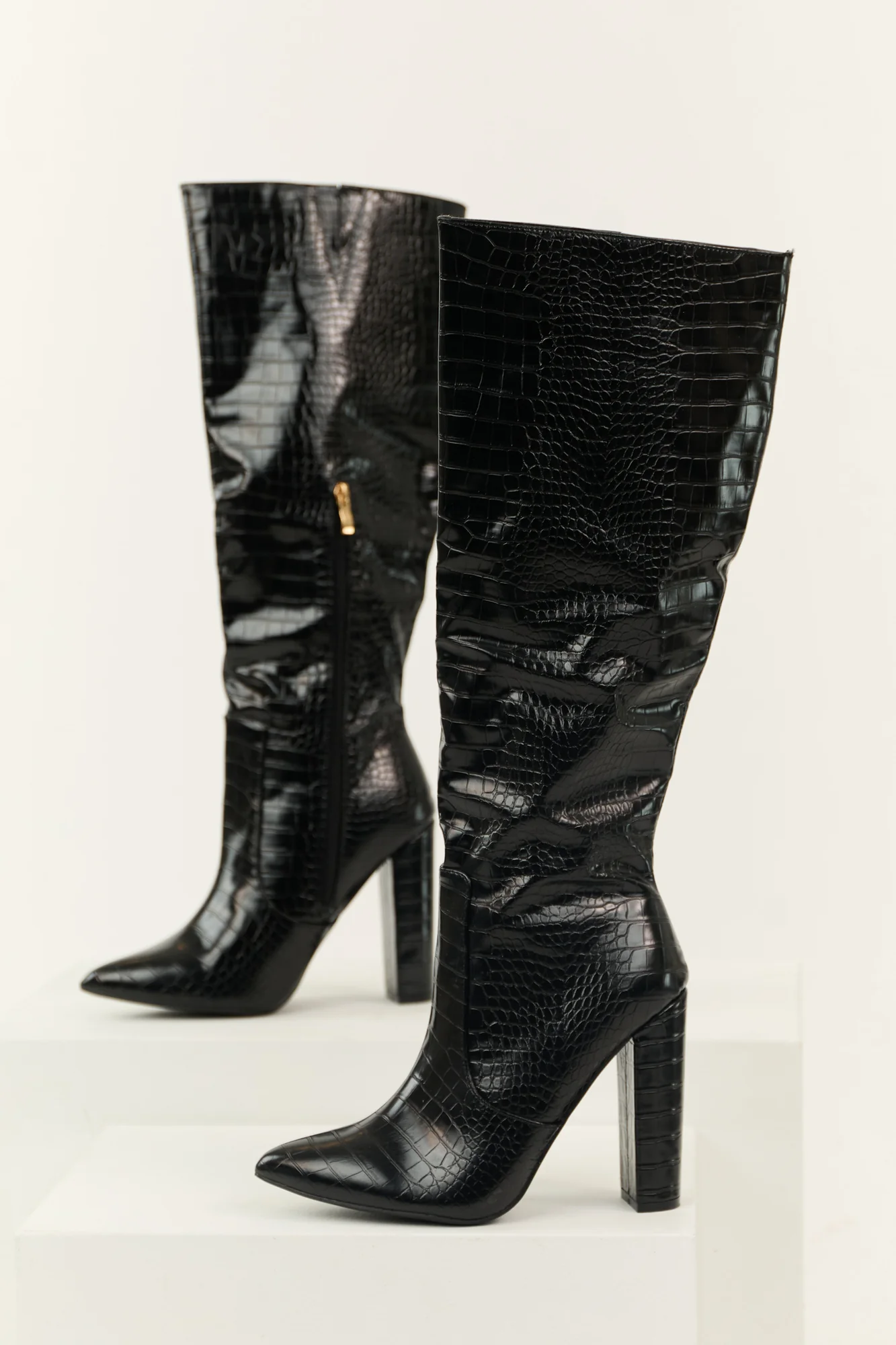 Black Crocodile Heeled Boots - Womens Trendy Faux Leather Shoes
