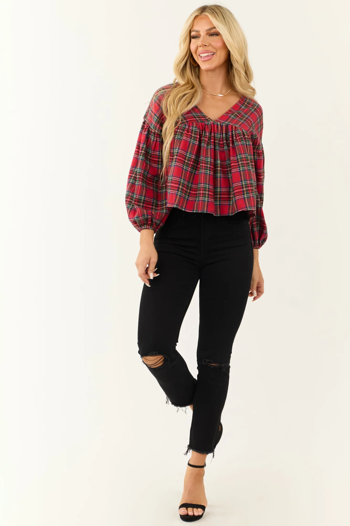 Plaid Tie Back Long Sleeve Top in Lipstick Red