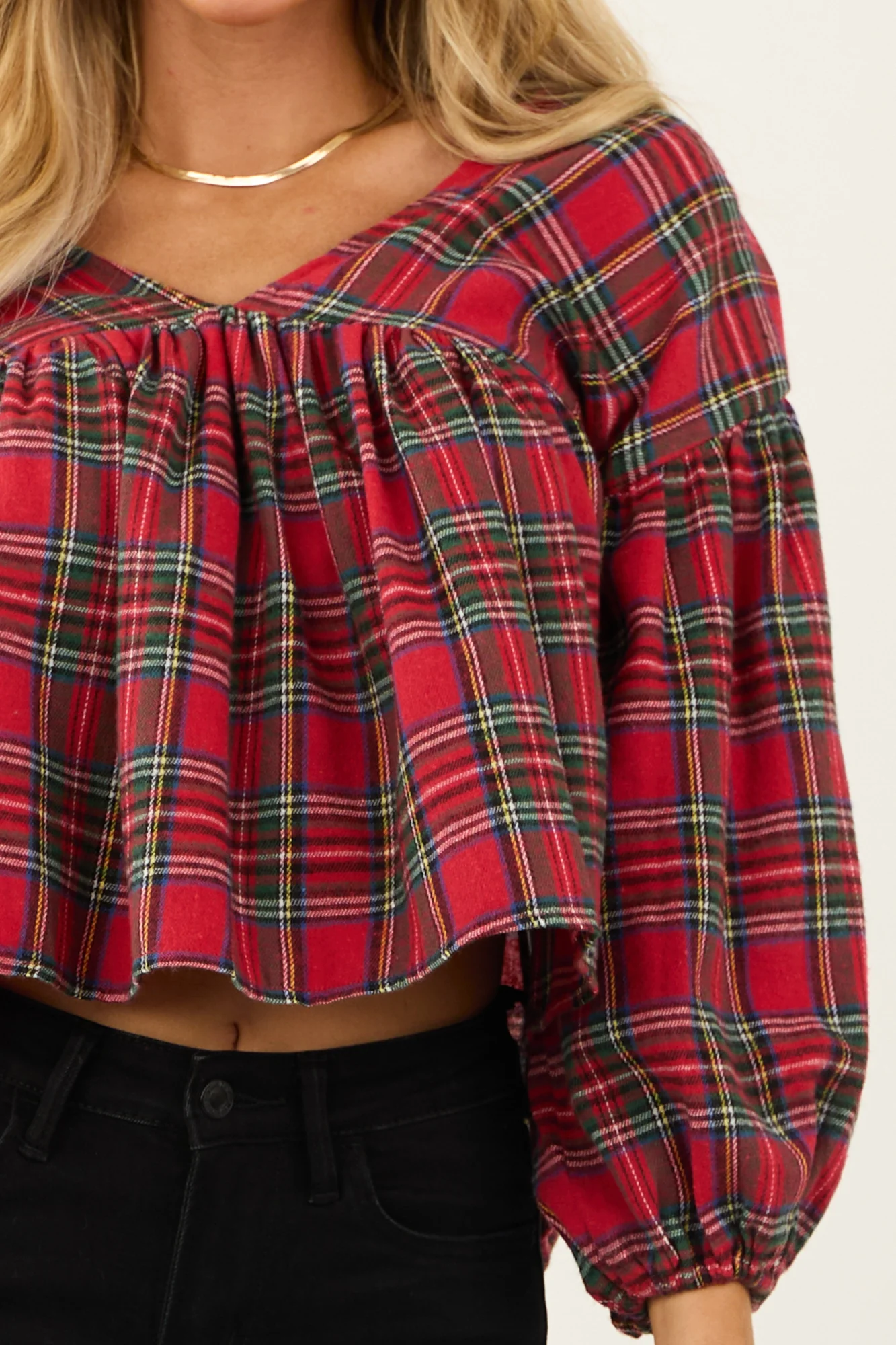 Plaid Tie Back Long Sleeve Top in Lipstick Red