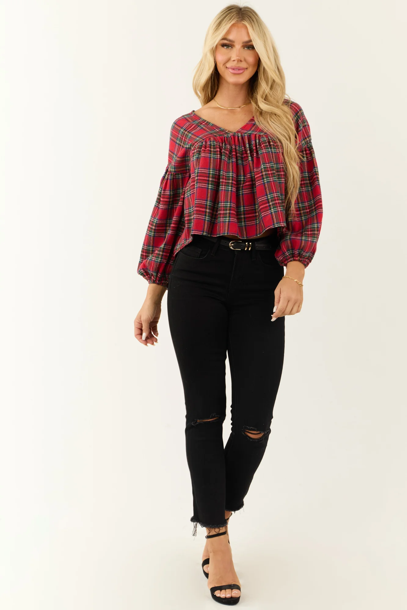 Plaid Tie Back Long Sleeve Top in Lipstick Red
