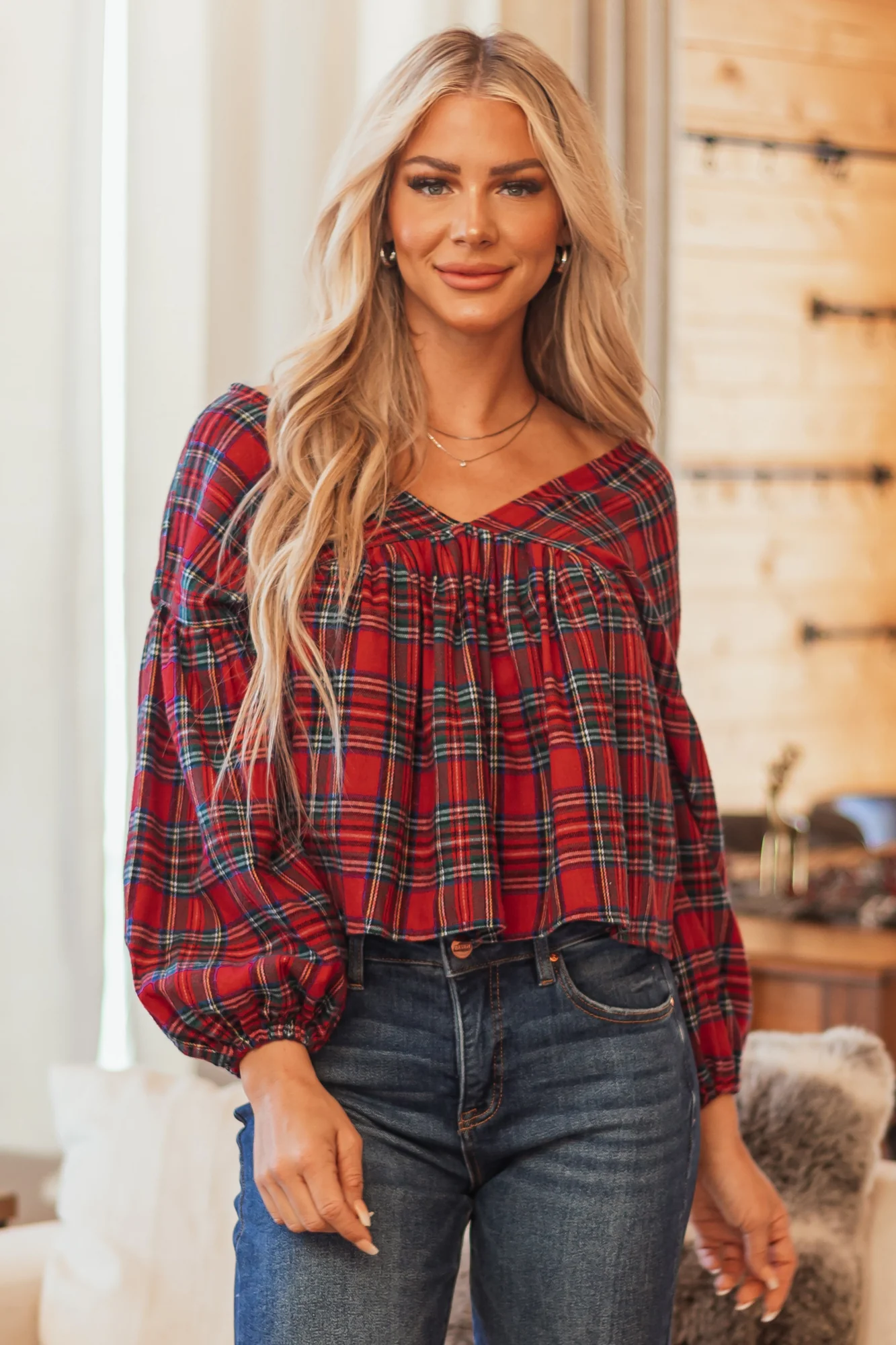 Plaid Tie Back Long Sleeve Top in Lipstick Red