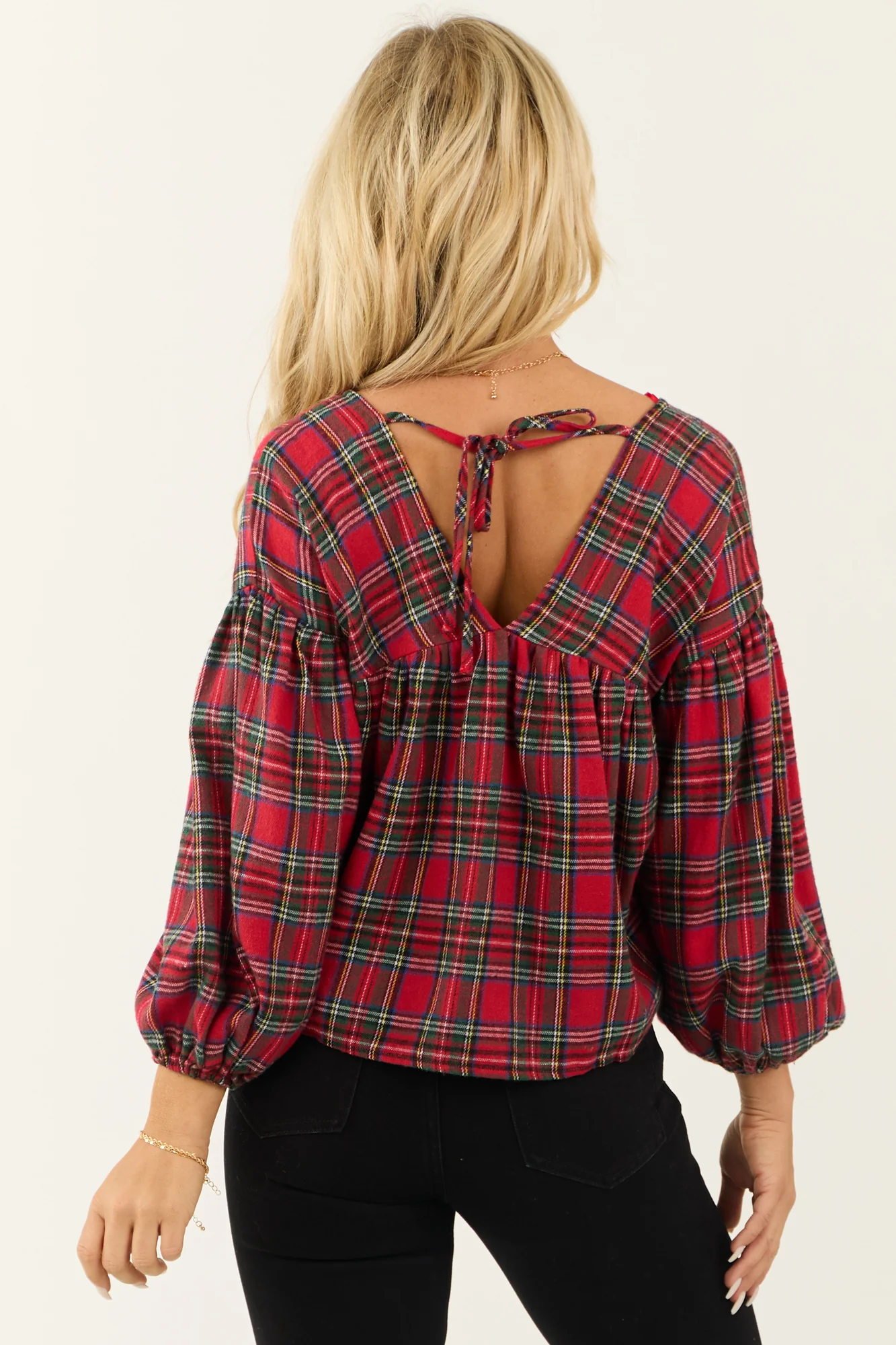 Plaid Tie Back Long Sleeve Top in Lipstick Red